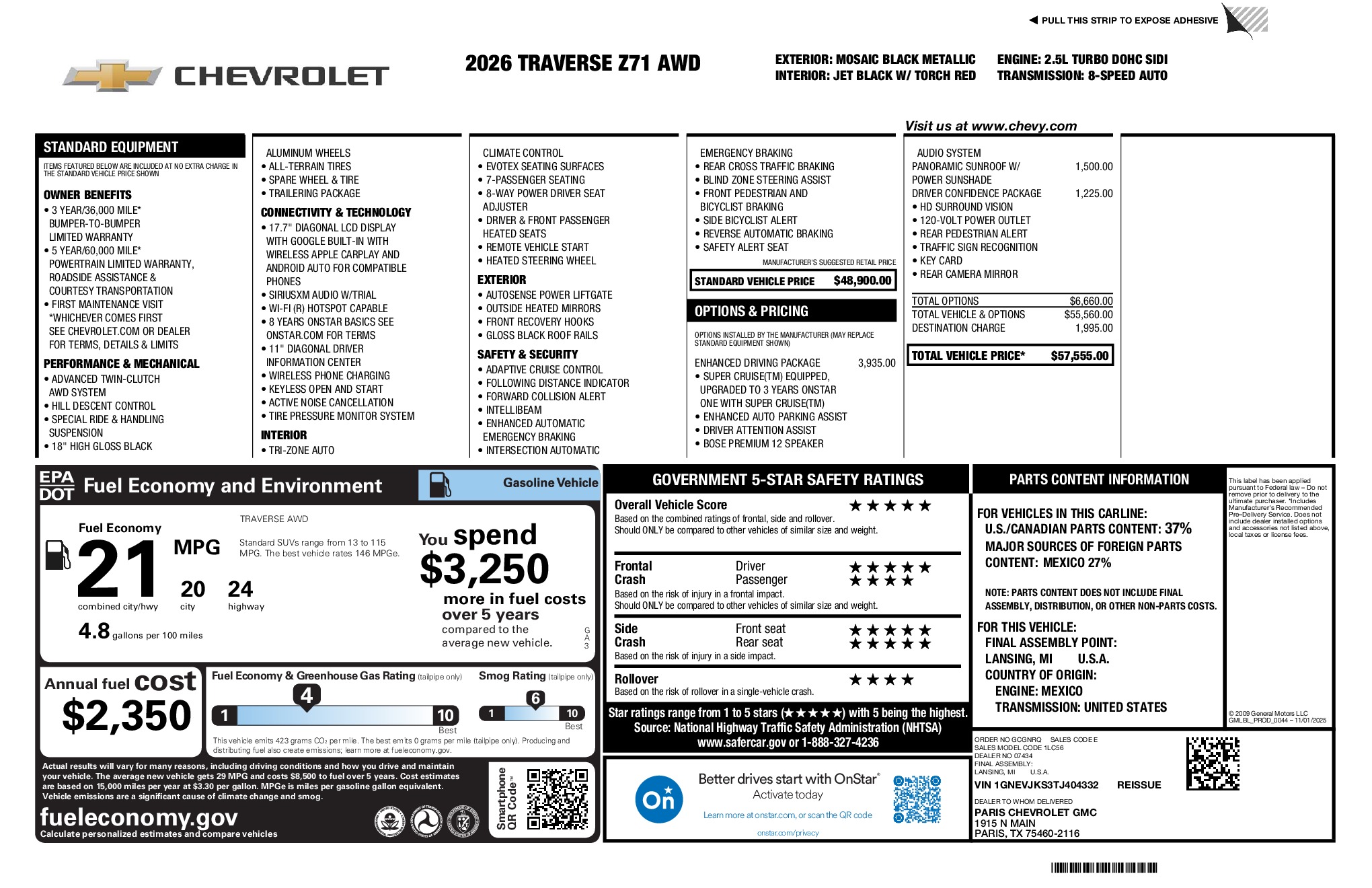 2026 Chevrolet Traverse Z71 window sticker