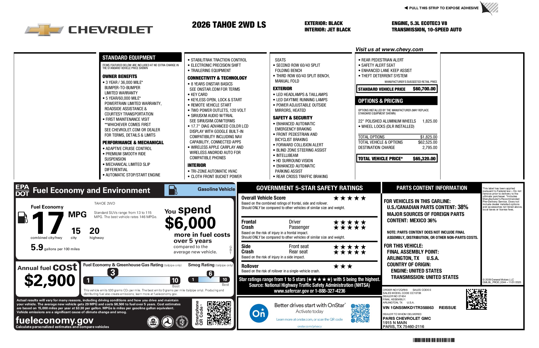 2026 Chevrolet Tahoe LS window sticker