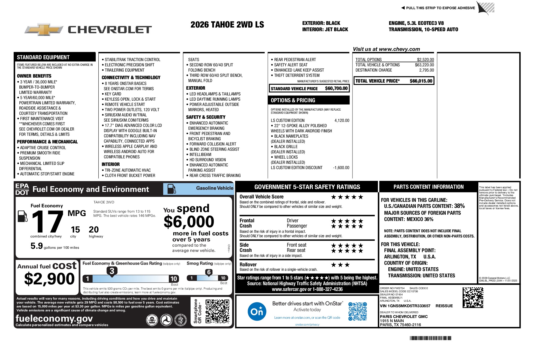 2026 Chevrolet Tahoe LS window sticker