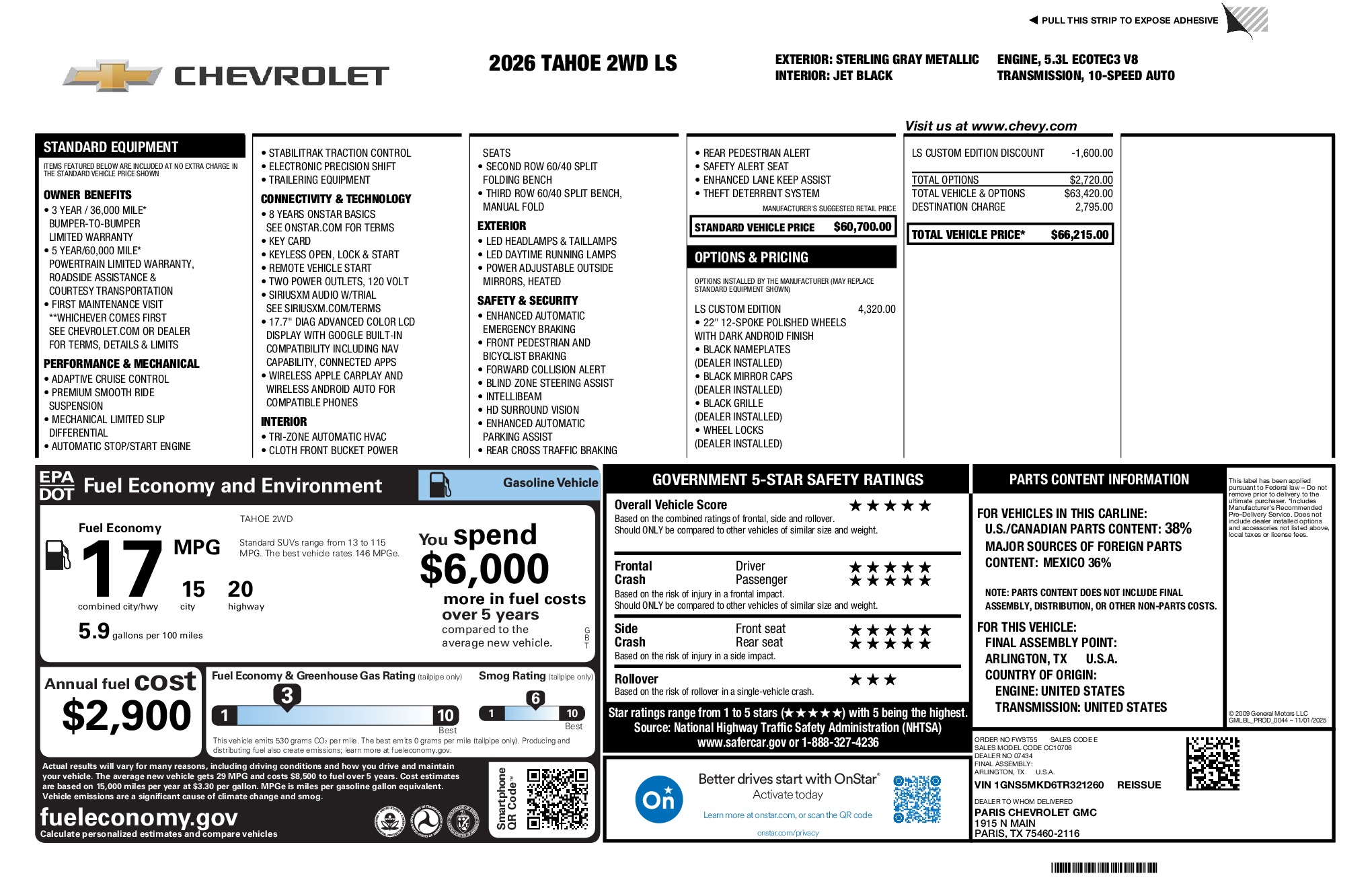 2026 Chevrolet Tahoe LS window sticker