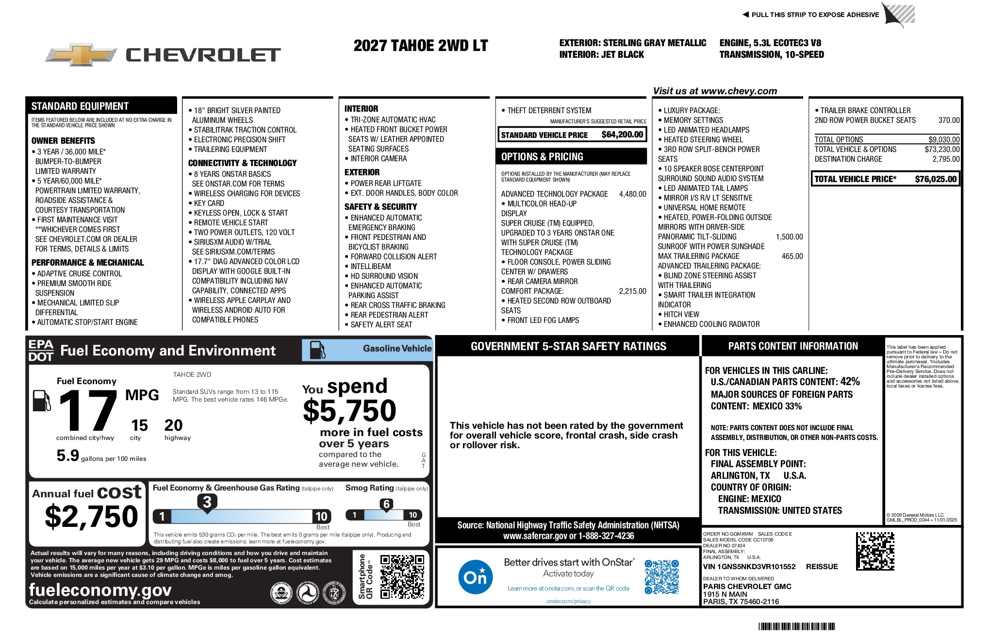 2027 Chevrolet Tahoe LT window sticker