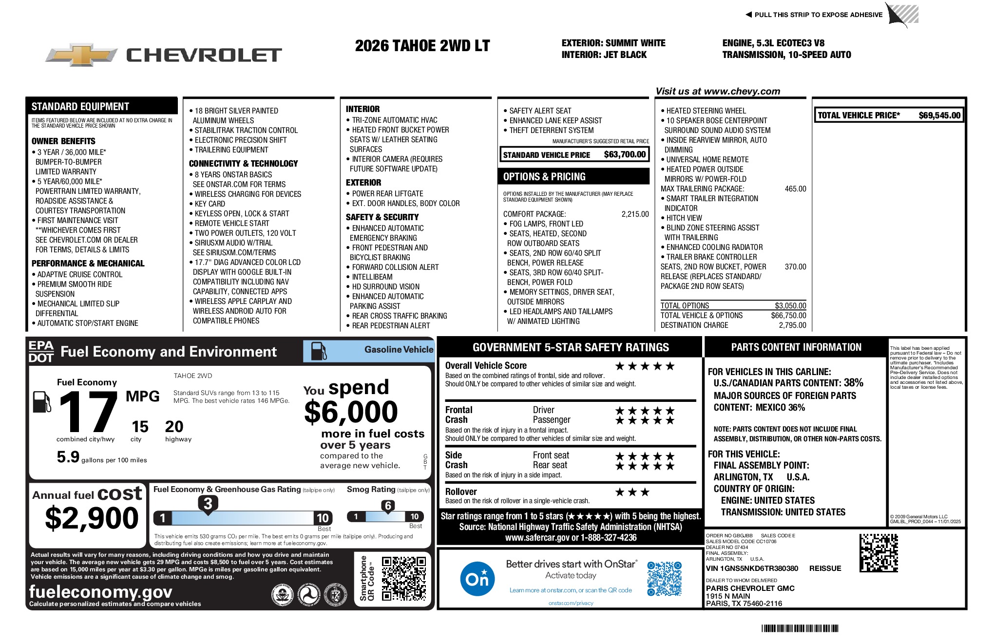 2026 Chevrolet Tahoe LT window sticker