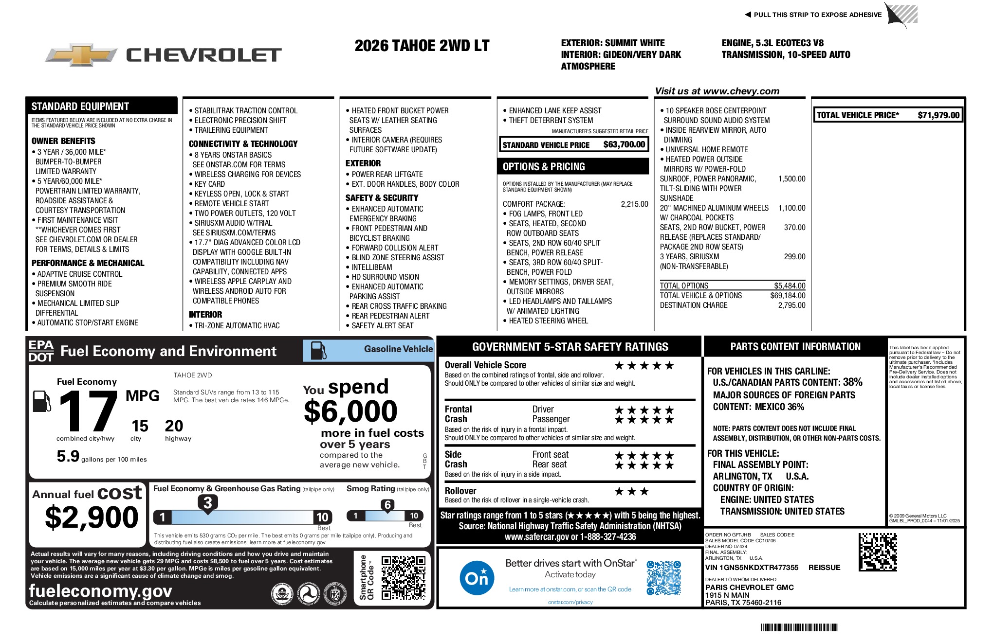 2026 Chevrolet Tahoe LT window sticker