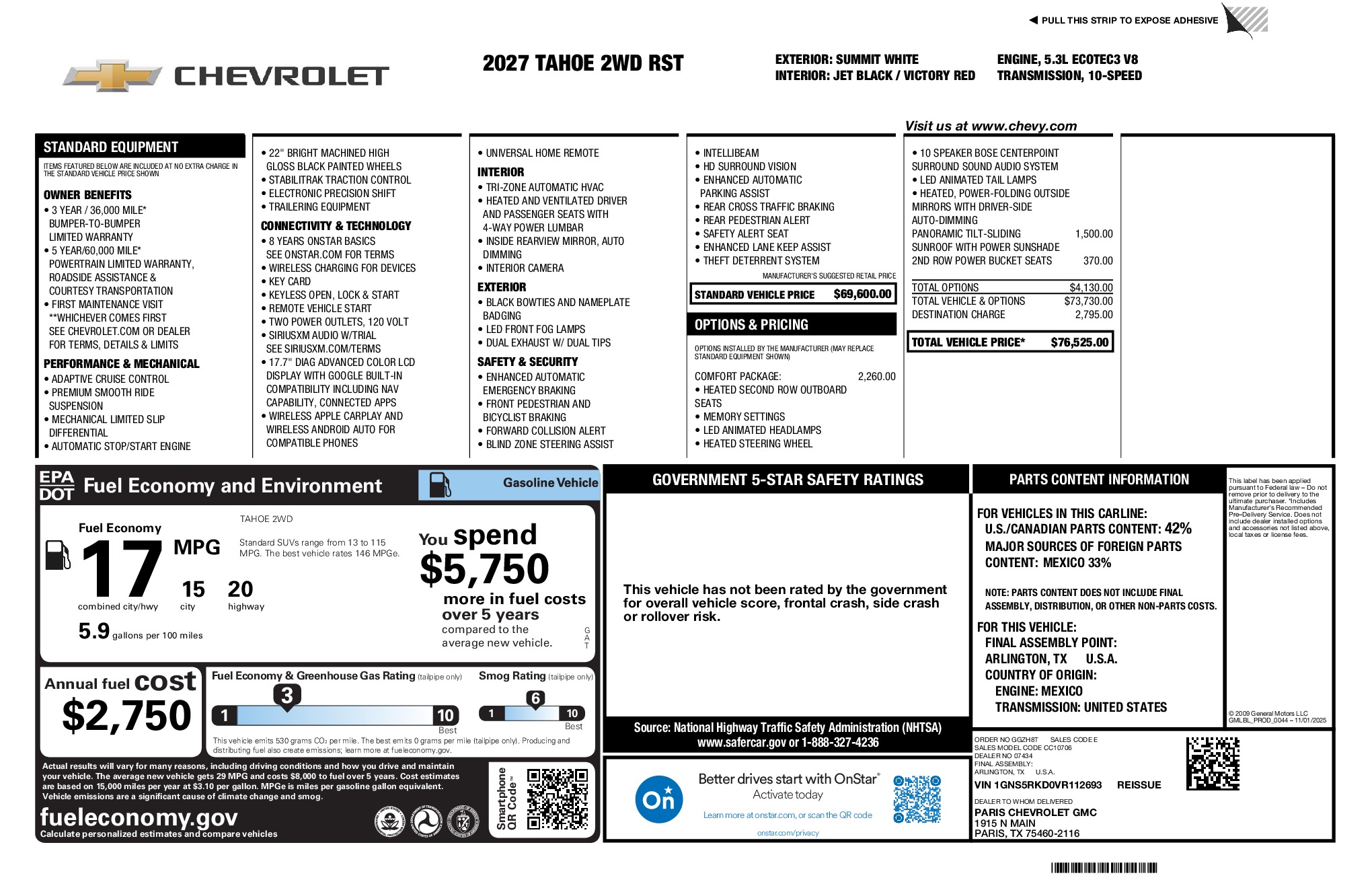 2027 Chevrolet Tahoe RST window sticker