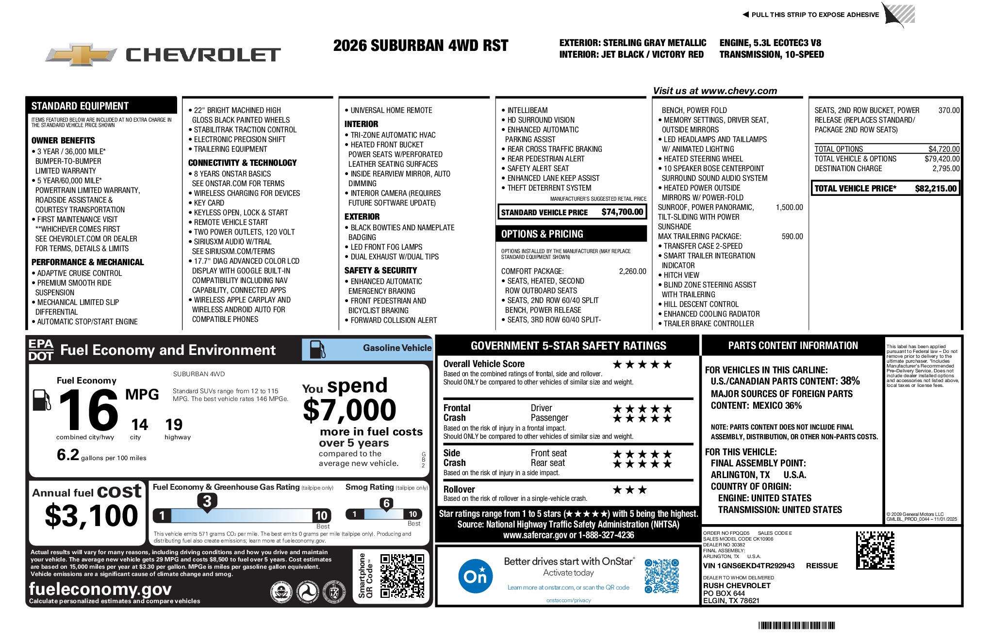 2026 Chevrolet Suburban RST window sticker