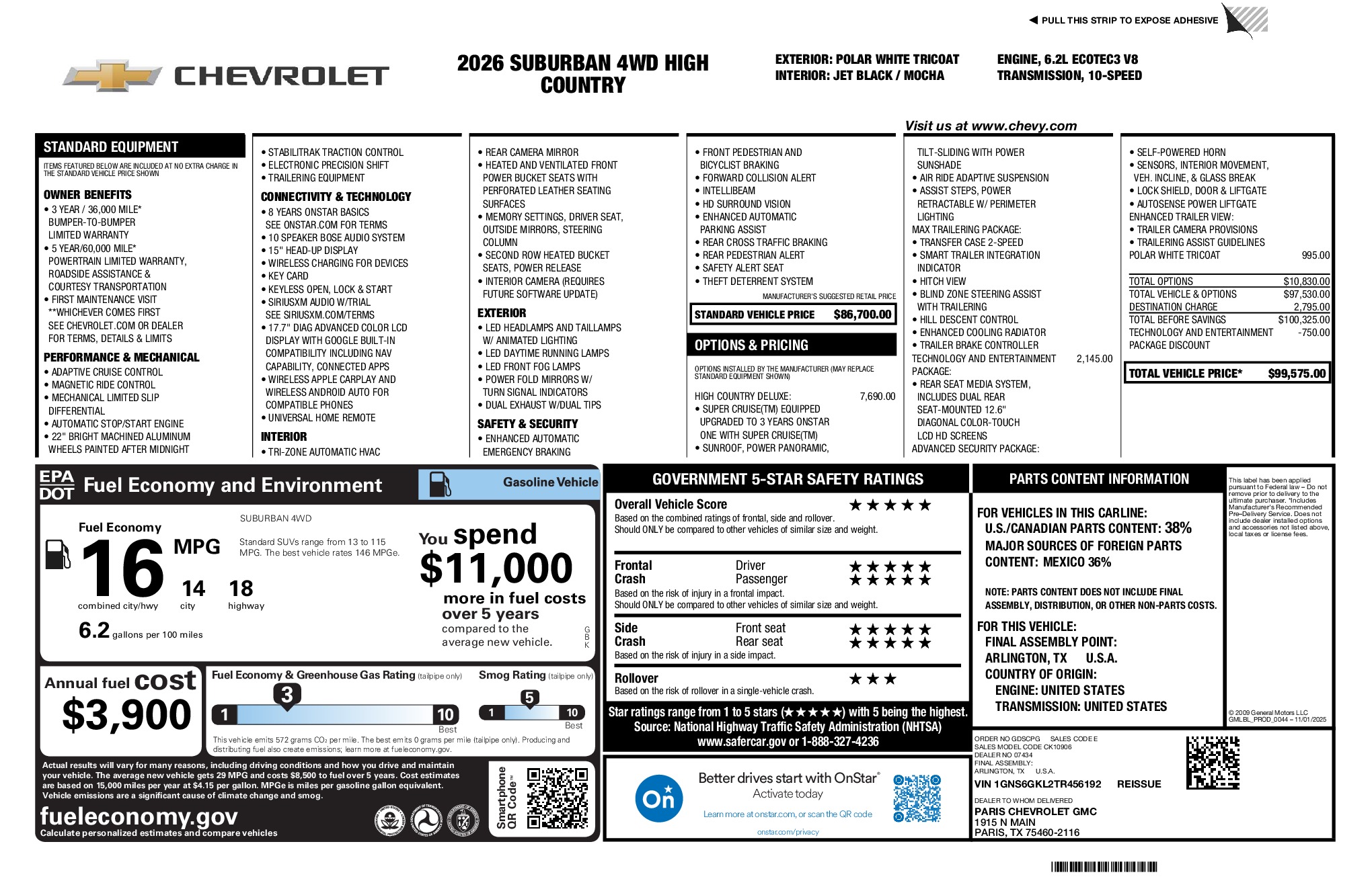 2026 Chevrolet Suburban High Country window sticker