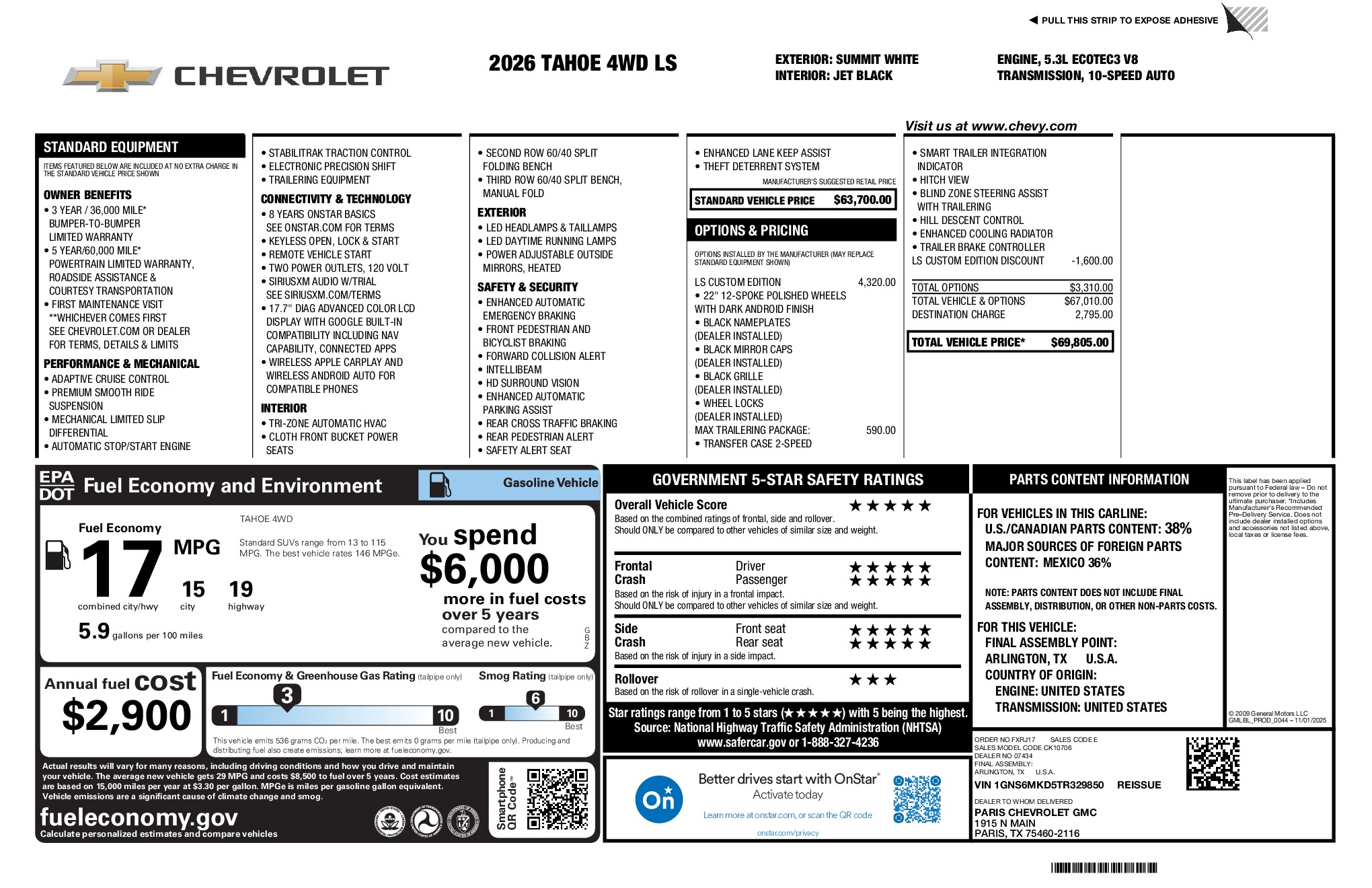 2026 Chevrolet Tahoe LS window sticker