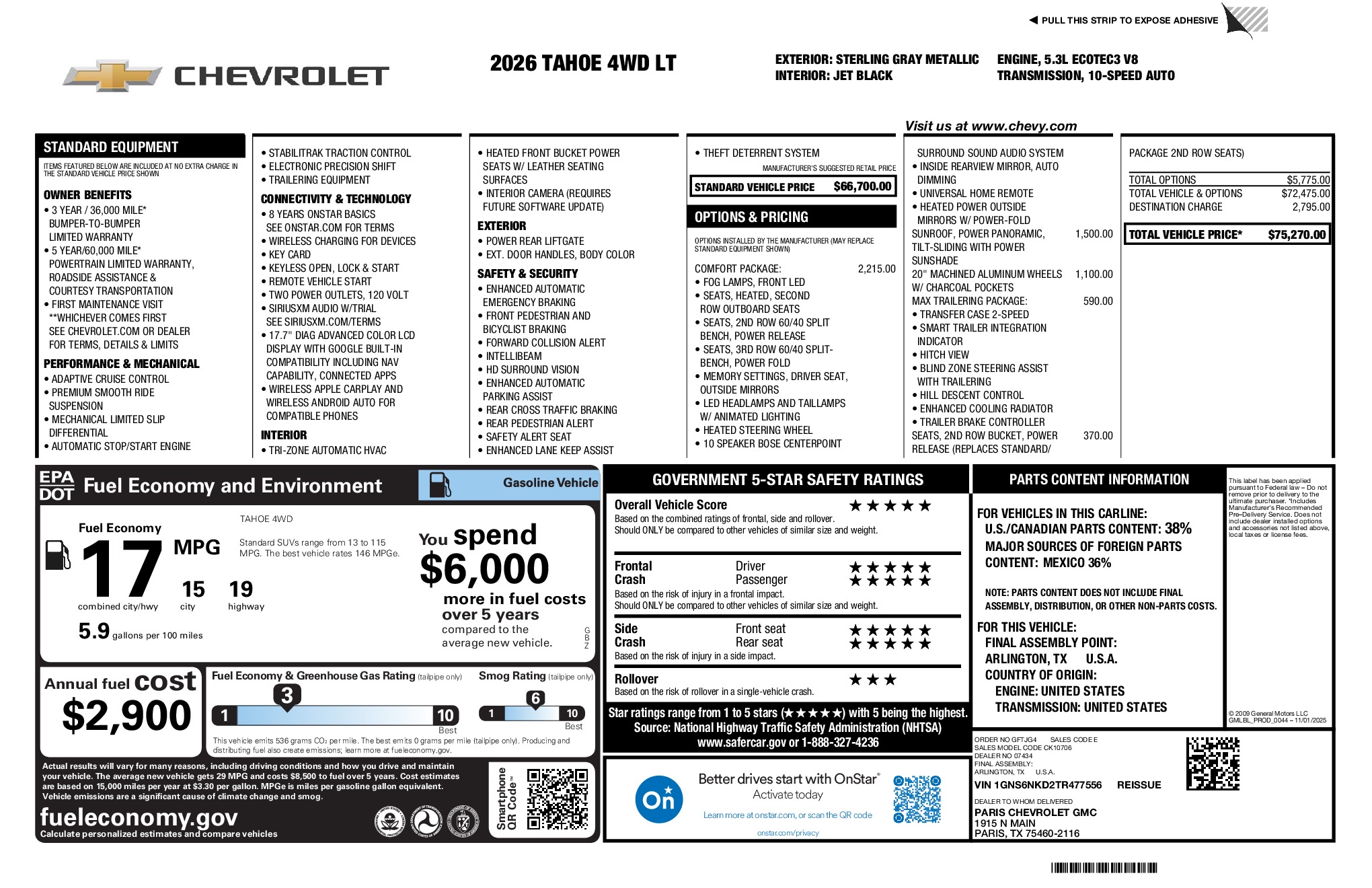 2026 Chevrolet Tahoe LT window sticker