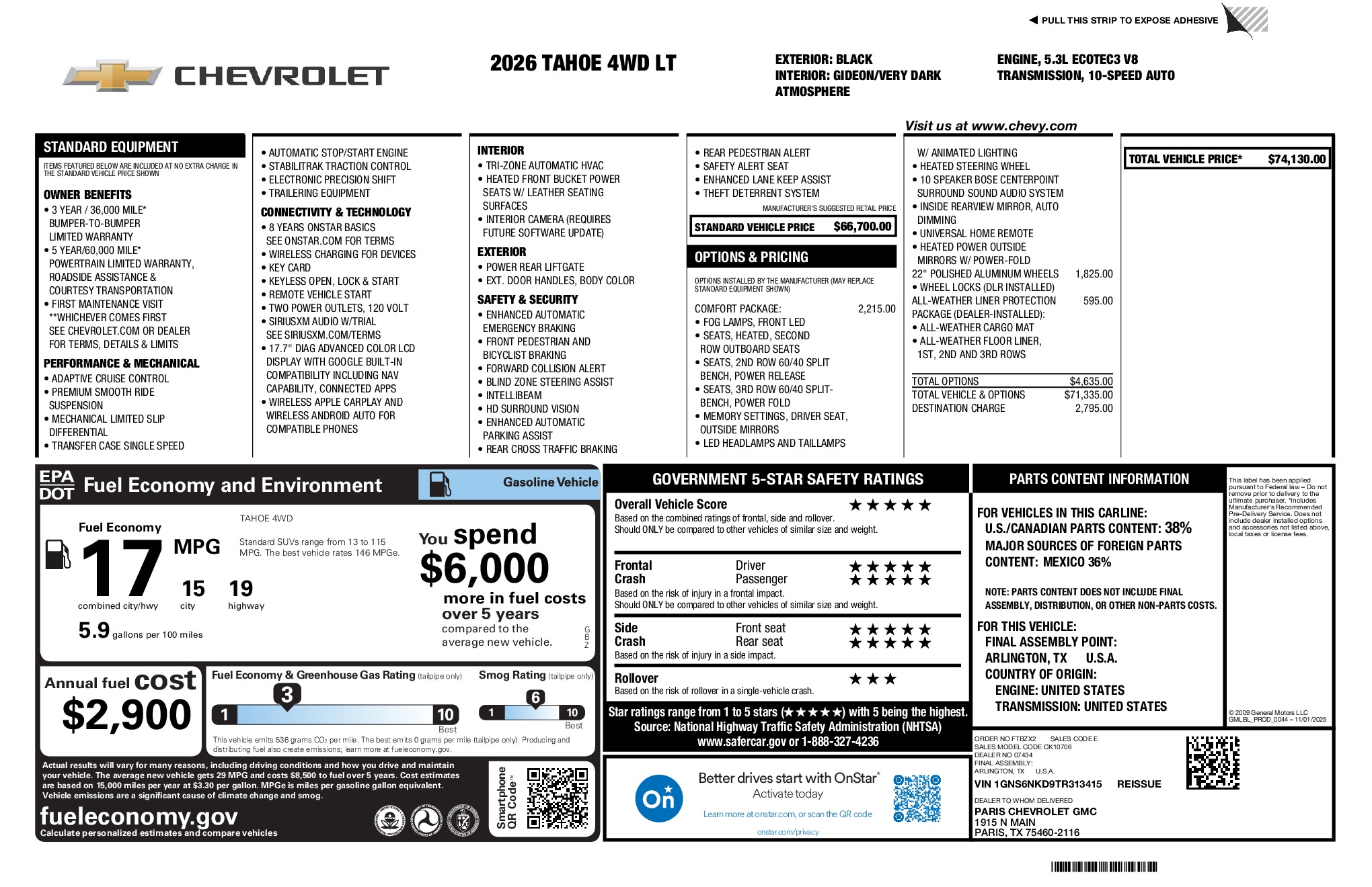 2026 Chevrolet Tahoe LT window sticker