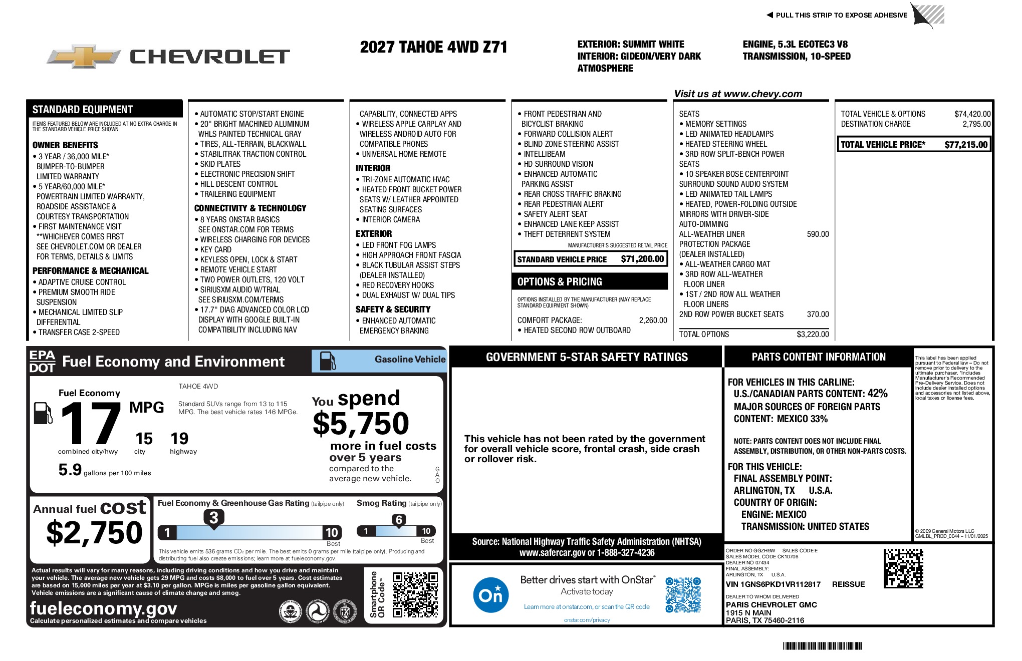 2027 Chevrolet Tahoe Z71 window sticker