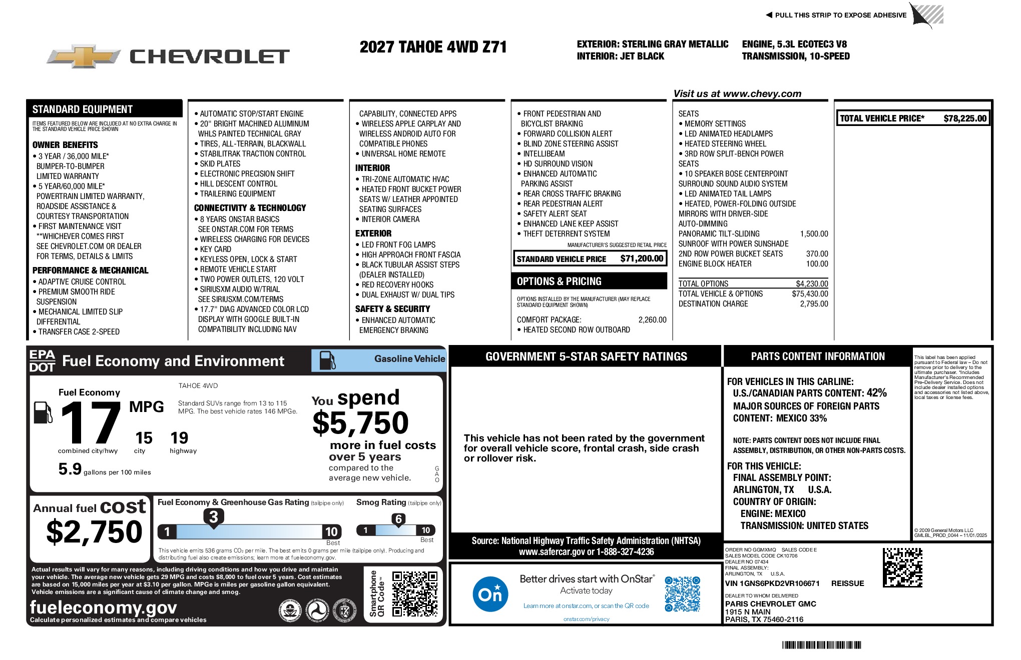 2027 Chevrolet Tahoe Z71 window sticker