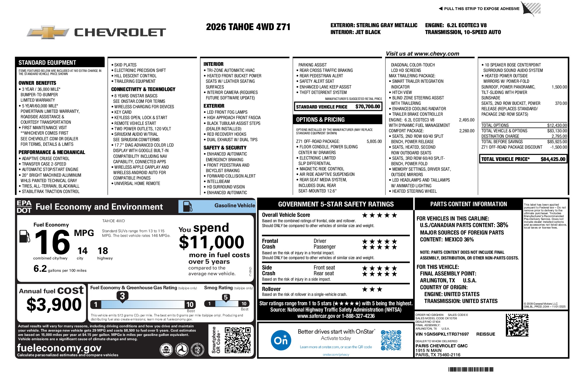 2026 Chevrolet Tahoe Z71 window sticker