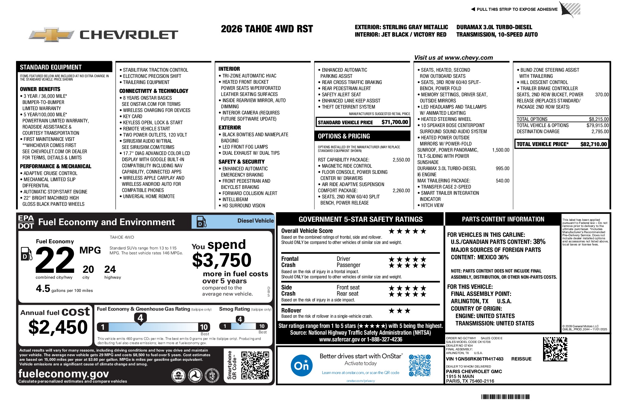 2026 Chevrolet Tahoe RST window sticker