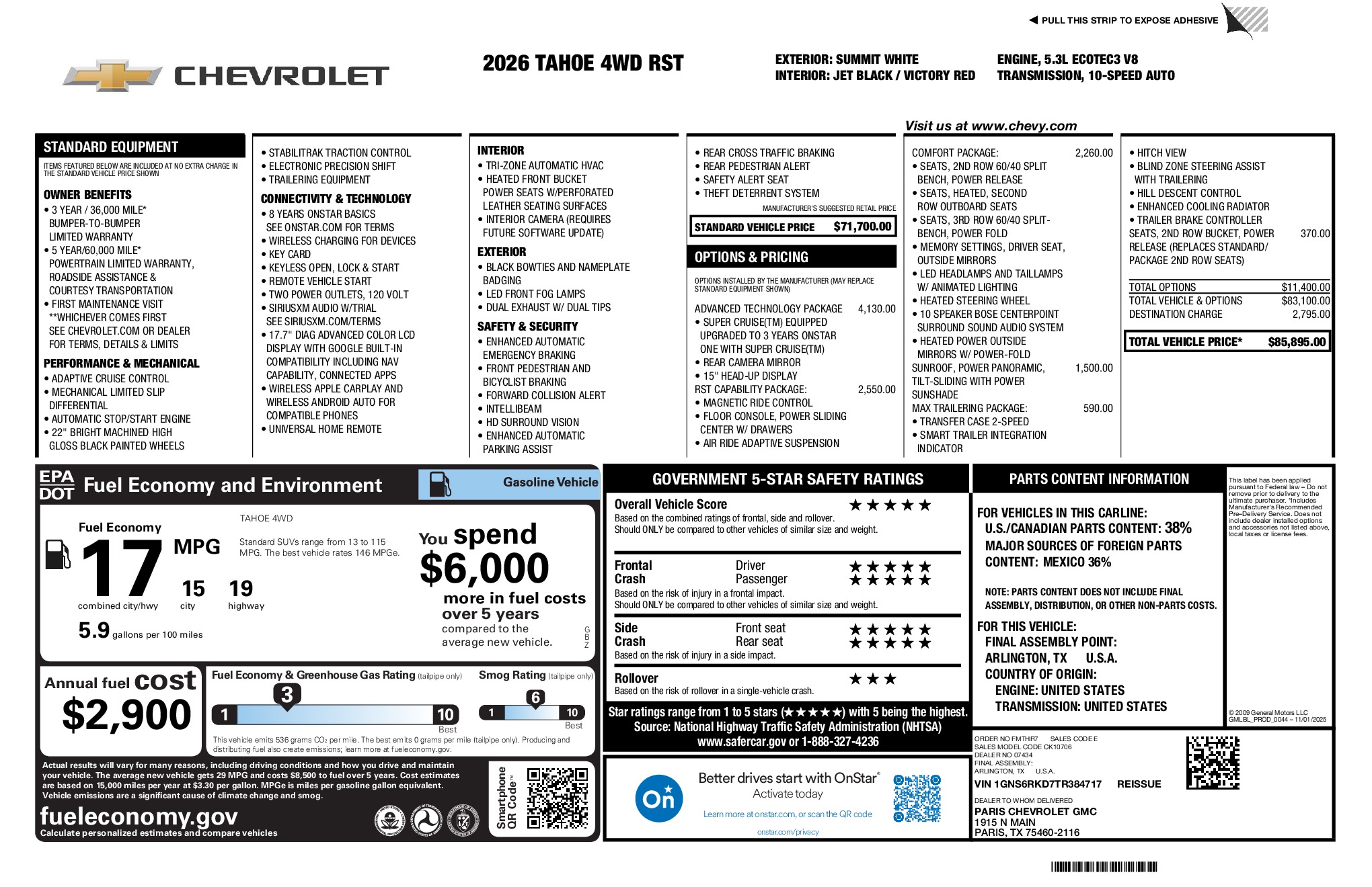 2026 Chevrolet Tahoe RST window sticker