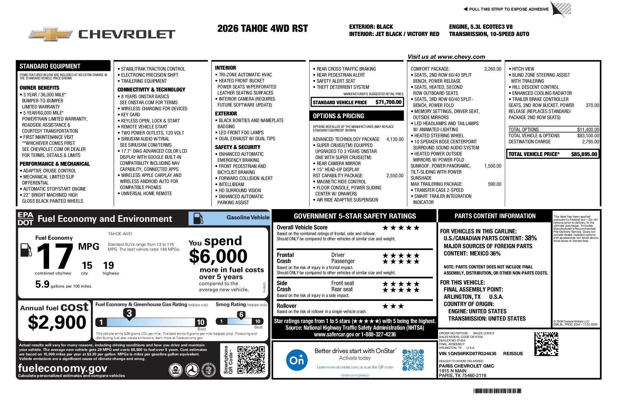 2026 Chevrolet Tahoe RST window sticker