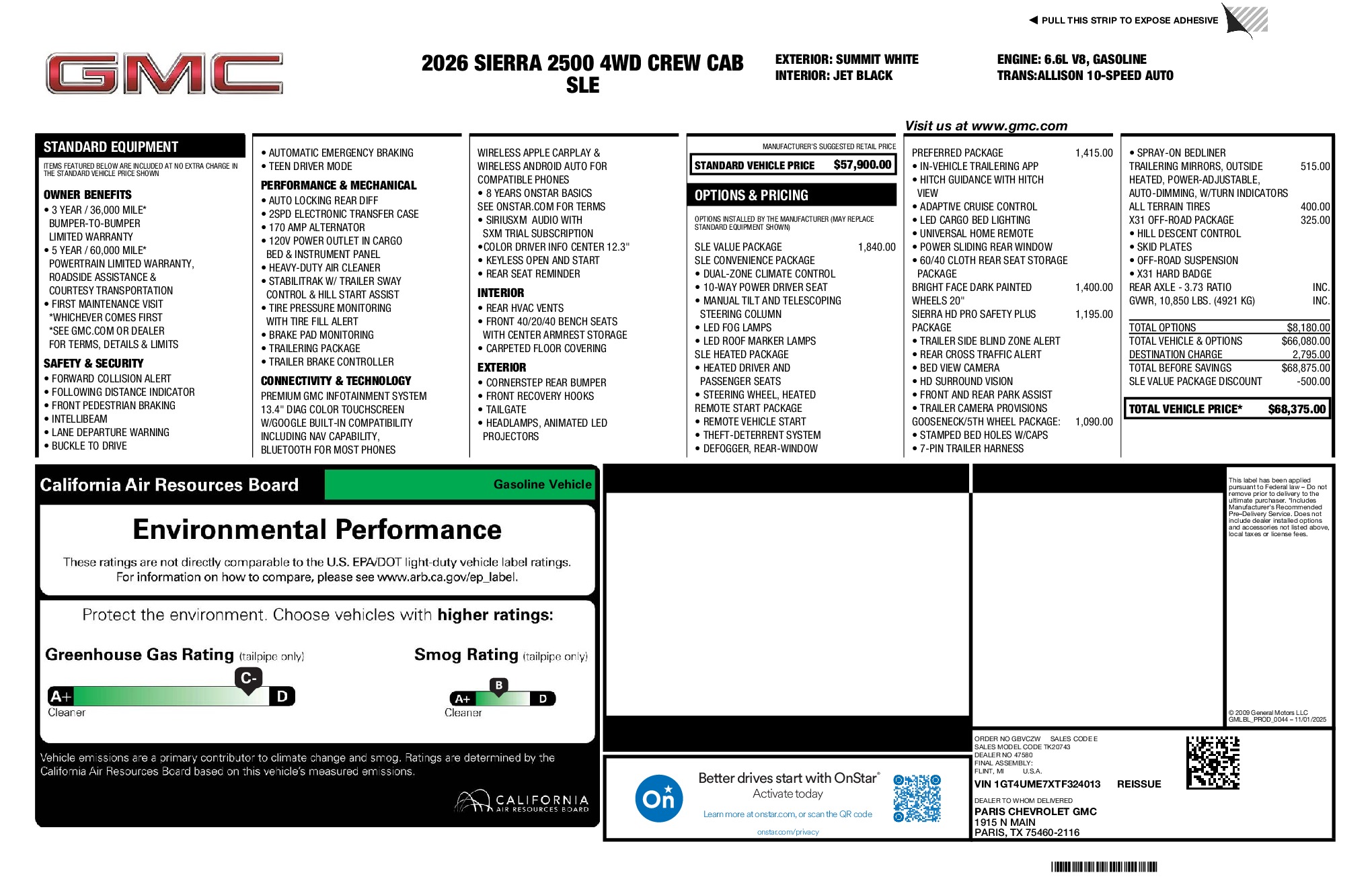 2026 GMC Sierra 2500HD SLE window sticker