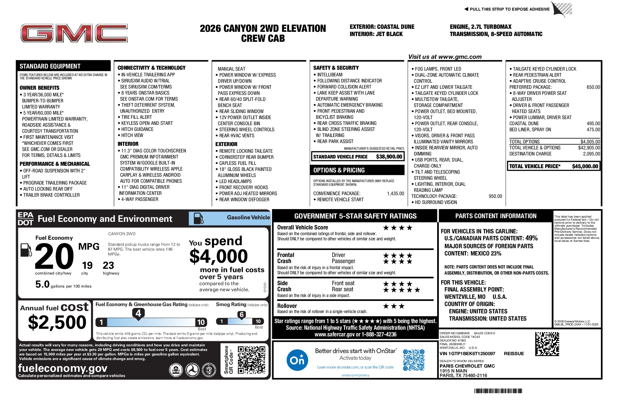 2026 GMC Canyon Elevation window sticker