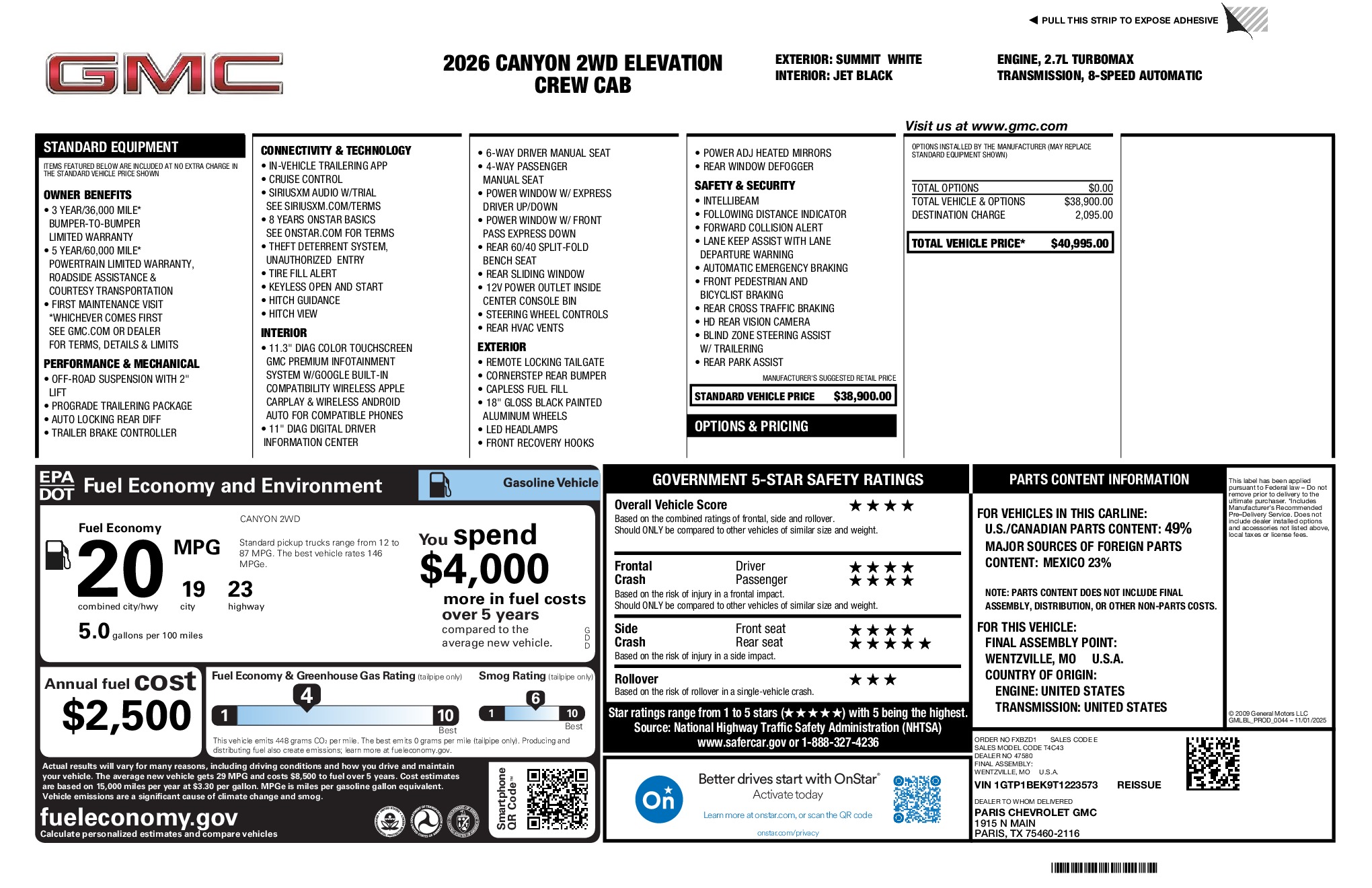 2026 GMC Canyon Elevation window sticker
