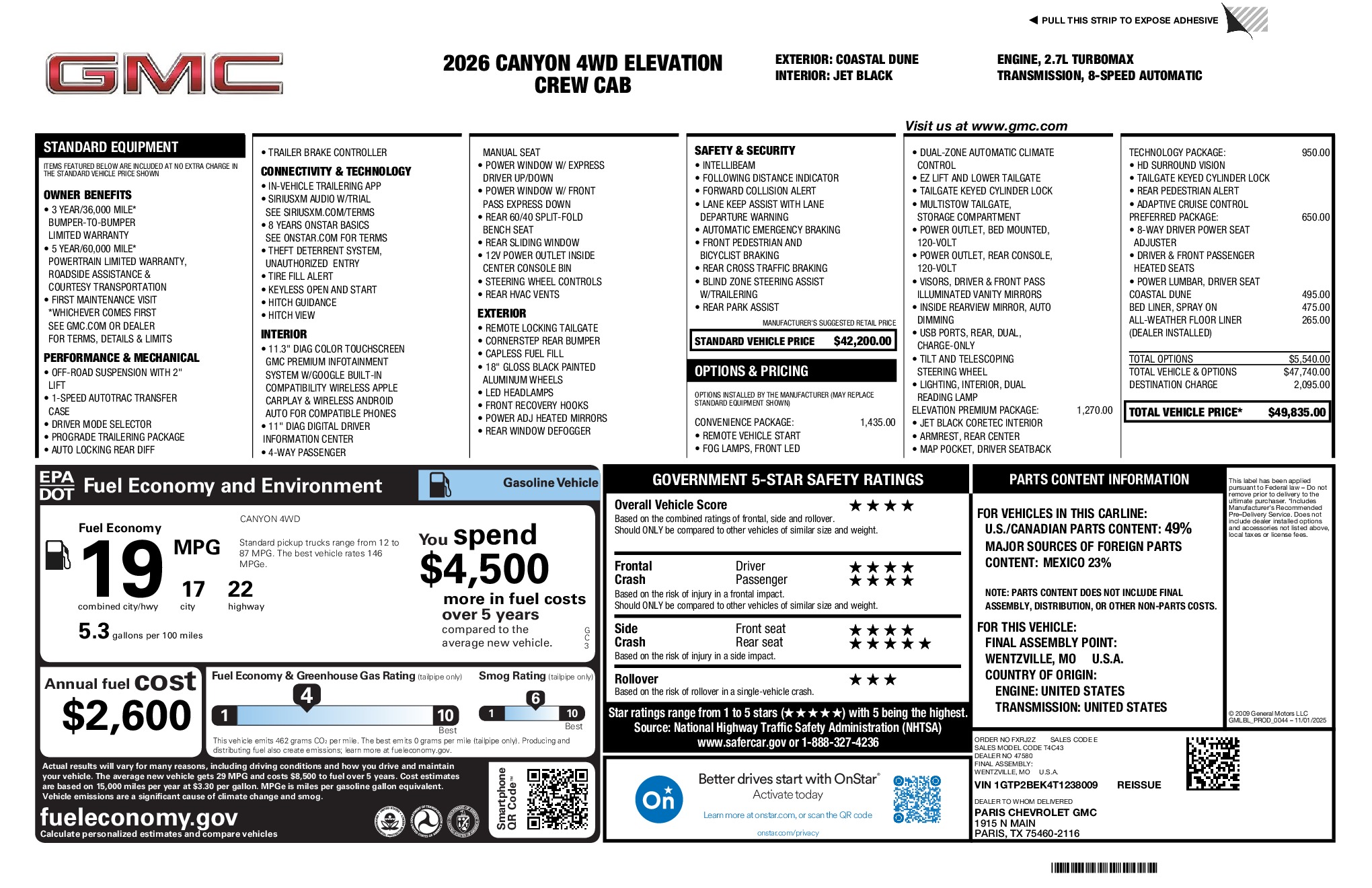 2026 GMC Canyon Elevation window sticker