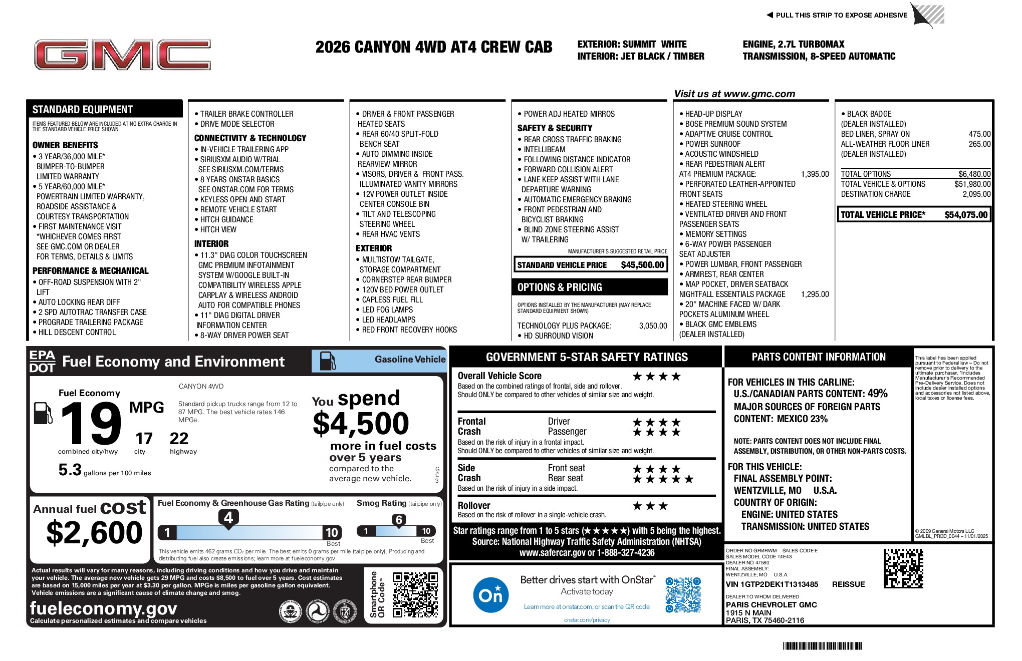 2026 GMC Canyon AT4 window sticker