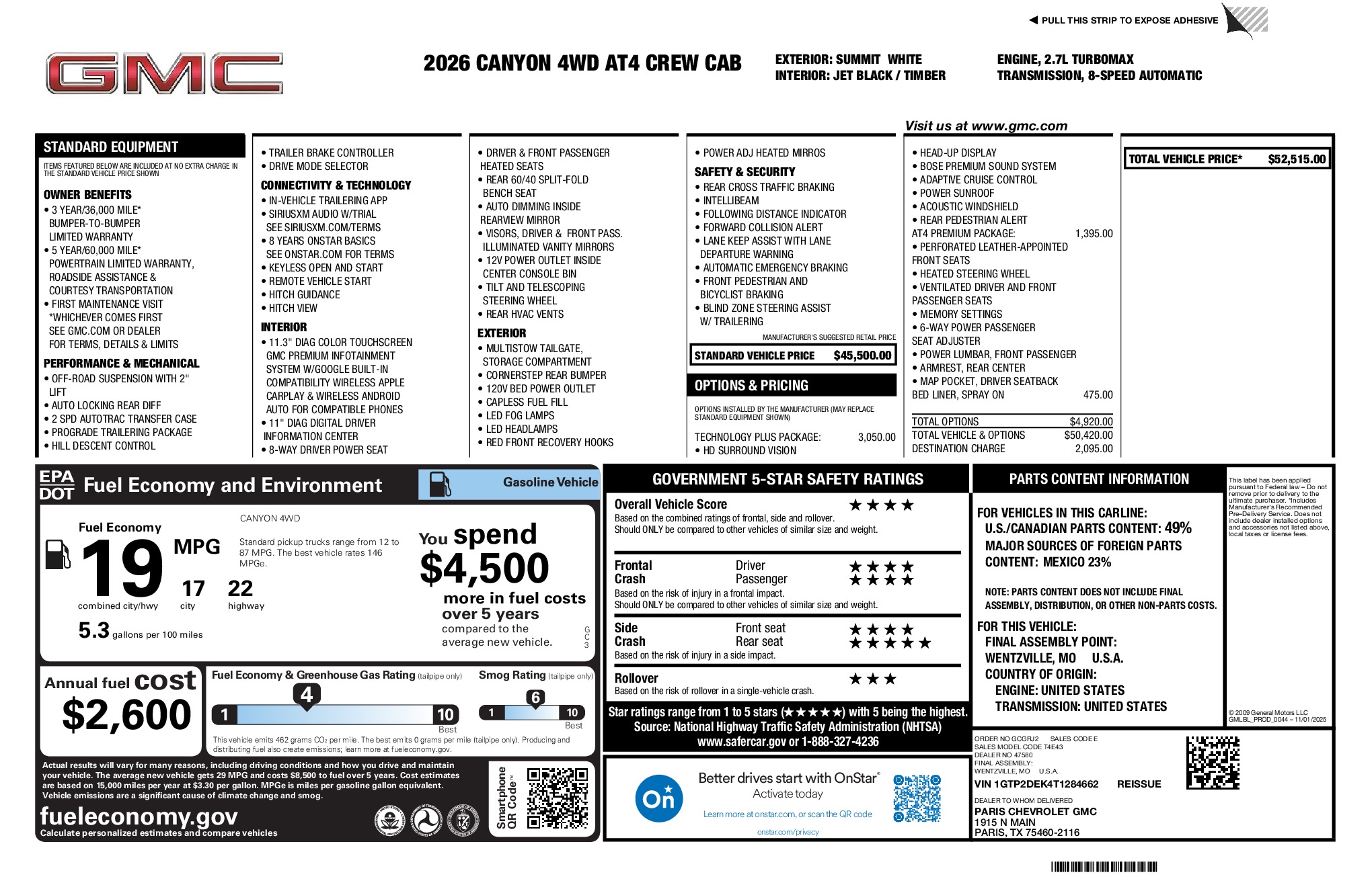 2026 GMC Canyon AT4 window sticker