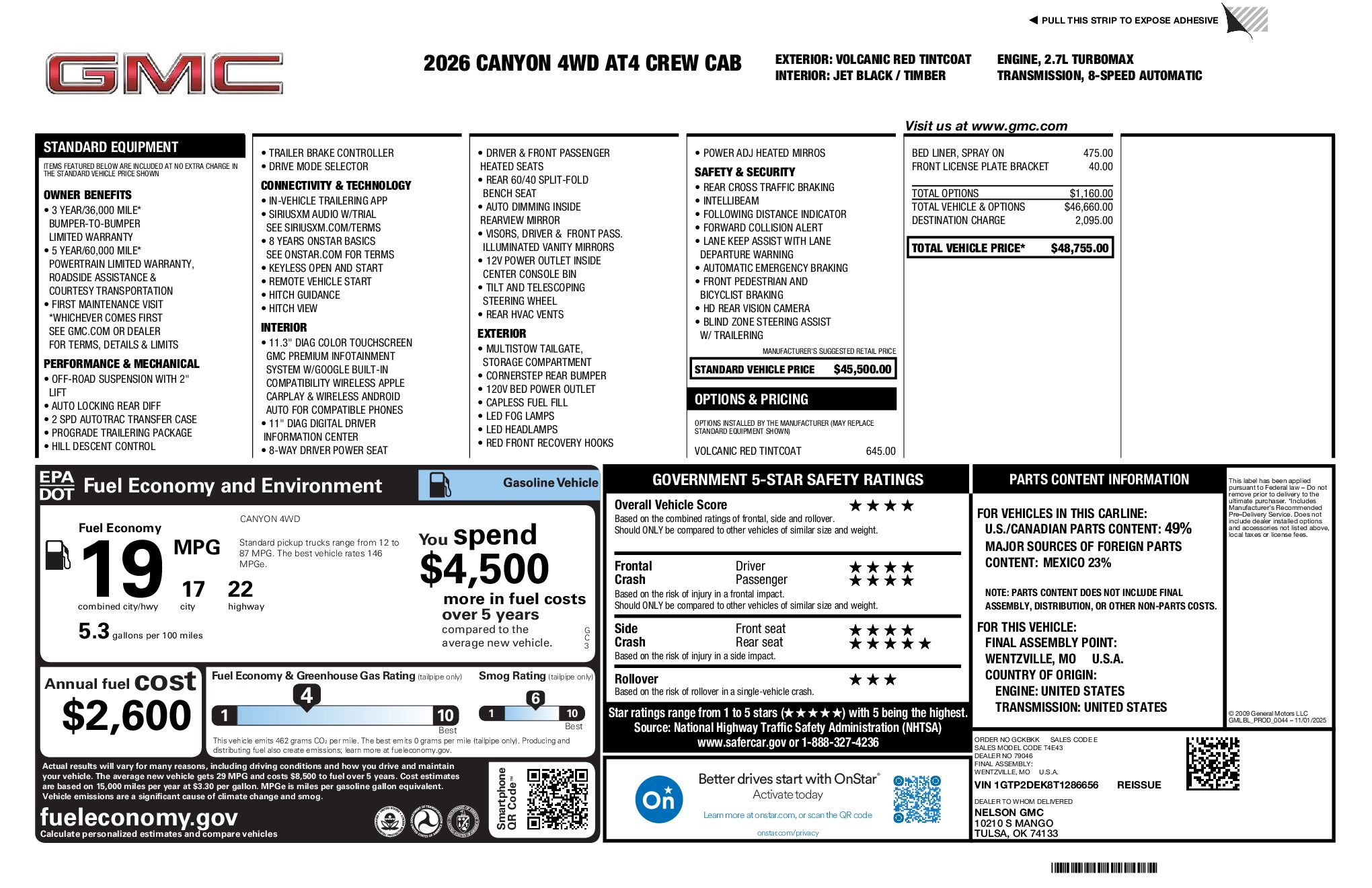 2026 GMC Canyon AT4 window sticker