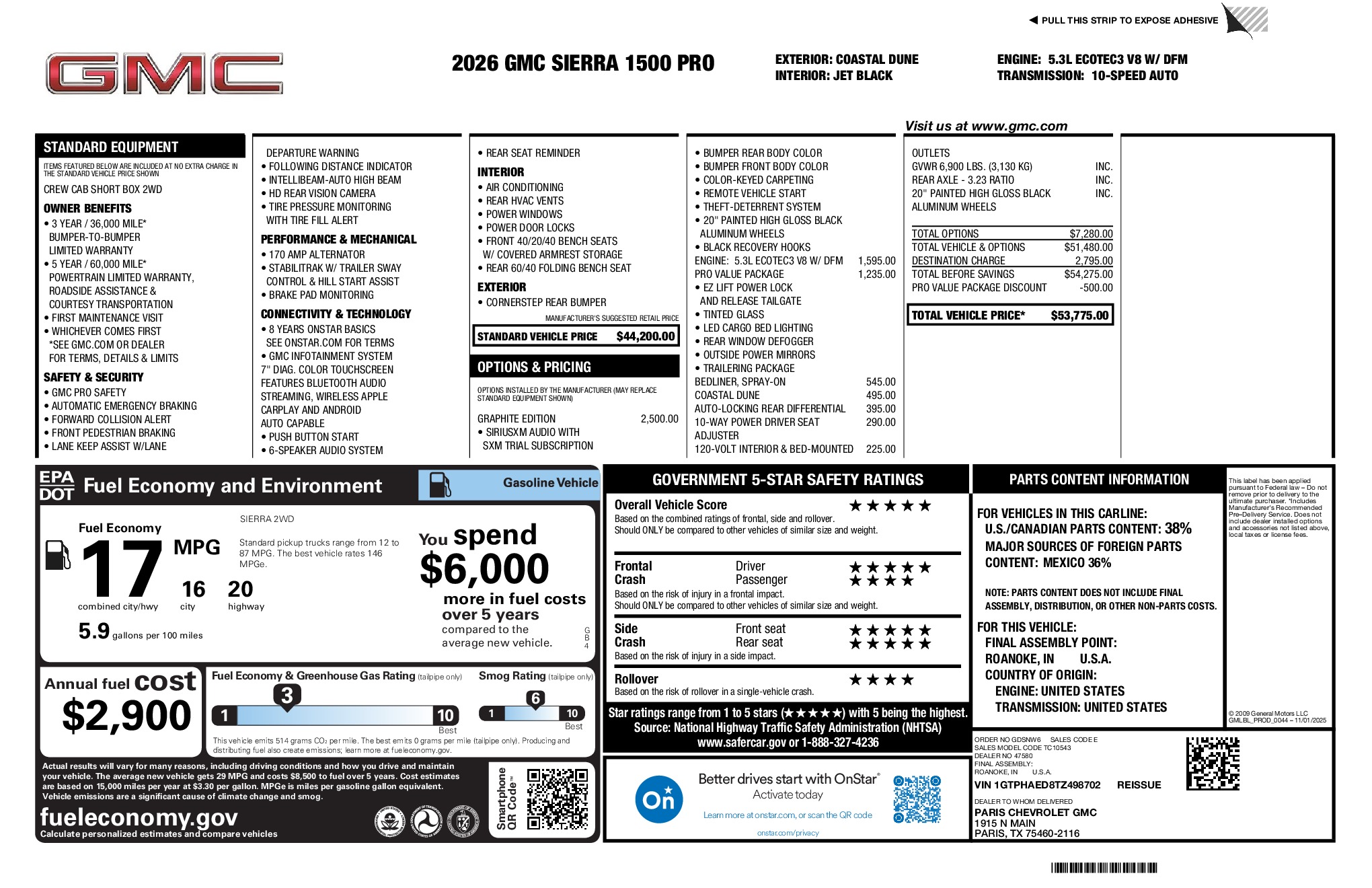 2026 GMC Sierra 1500 Pro window sticker