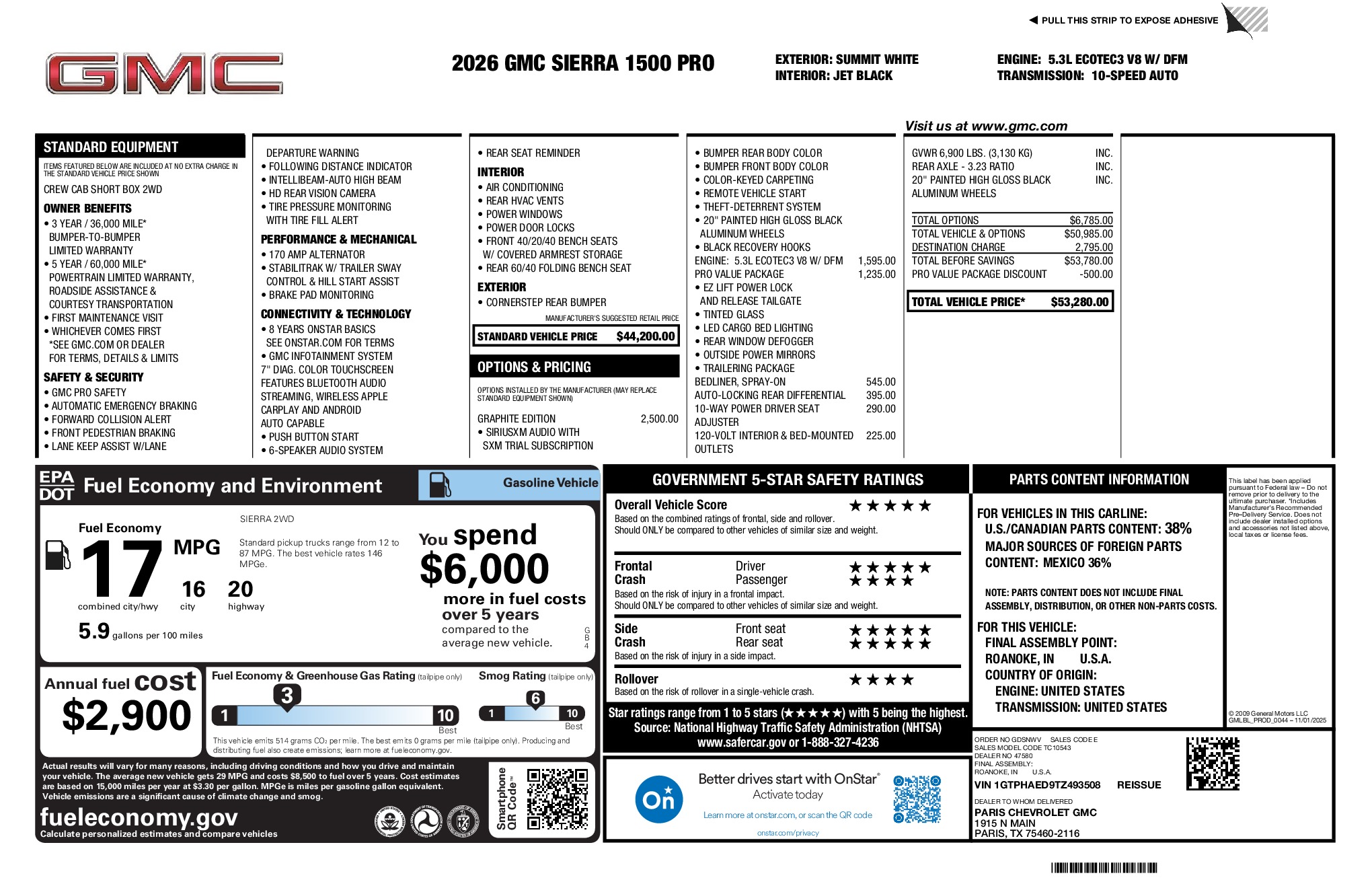 2026 GMC Sierra 1500 Pro window sticker