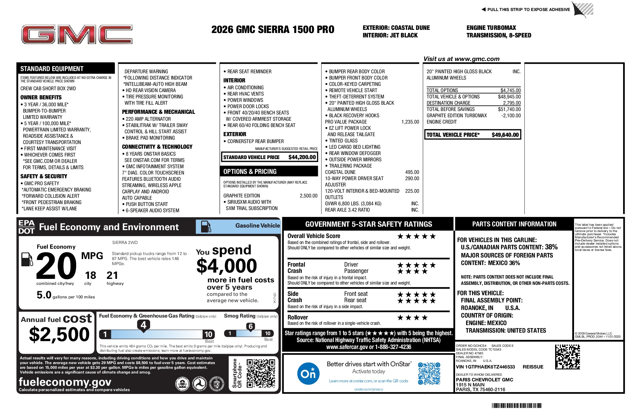 2026 GMC Sierra 1500 Pro window sticker