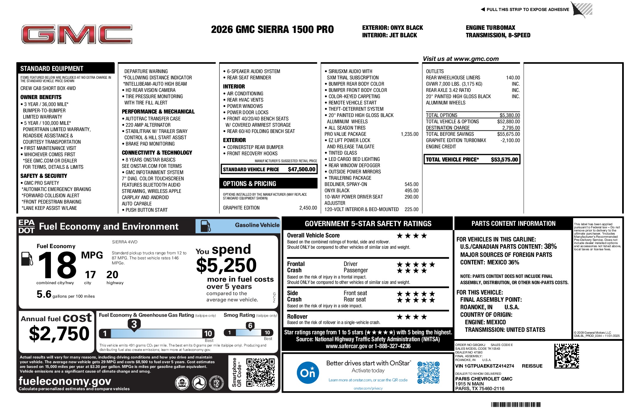 2026 GMC Sierra 1500 Pro window sticker