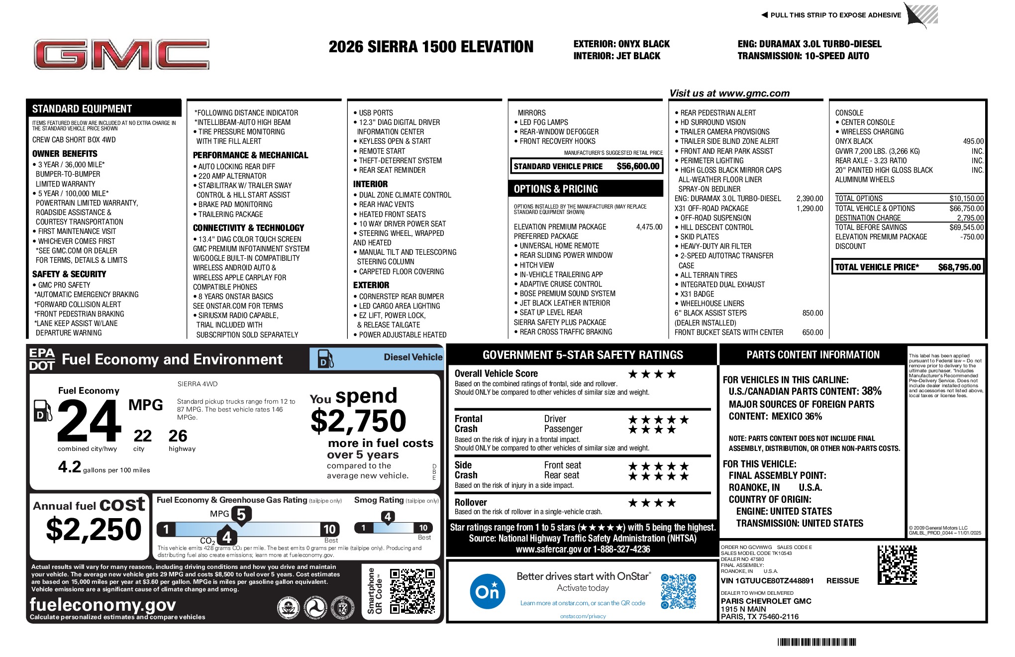 2026 GMC Sierra 1500 Elevation window sticker