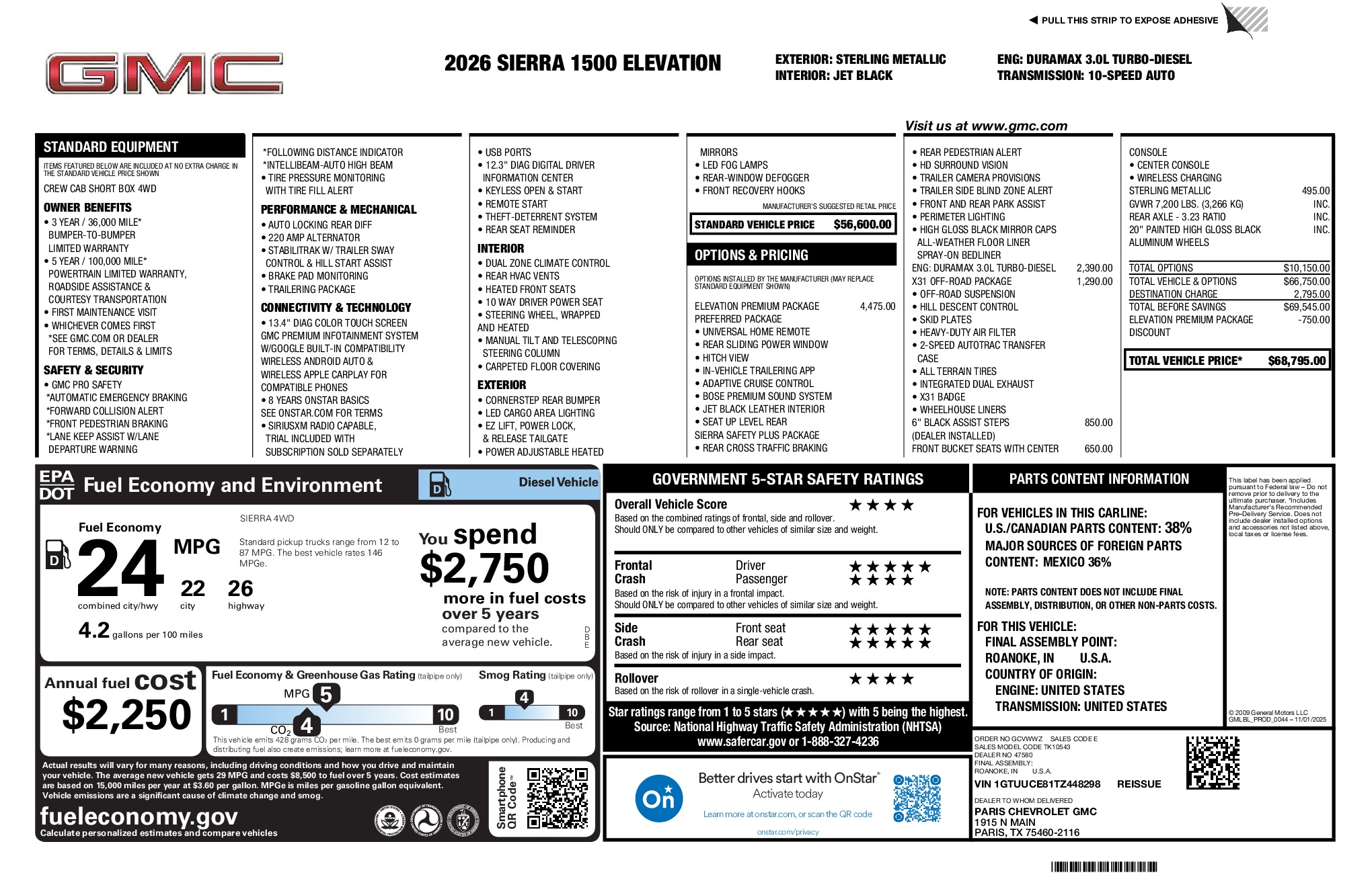 2026 GMC Sierra 1500 Elevation window sticker