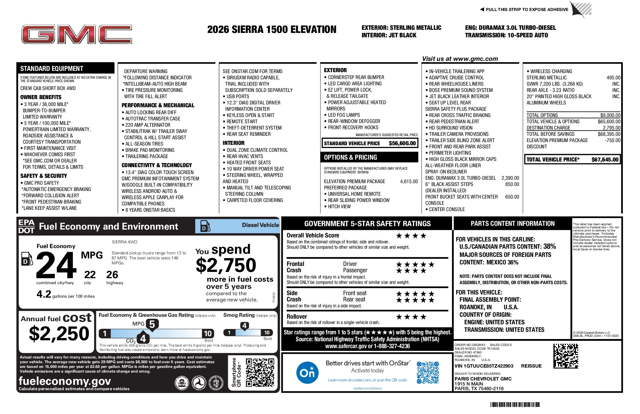 2026 GMC Sierra 1500 Elevation window sticker