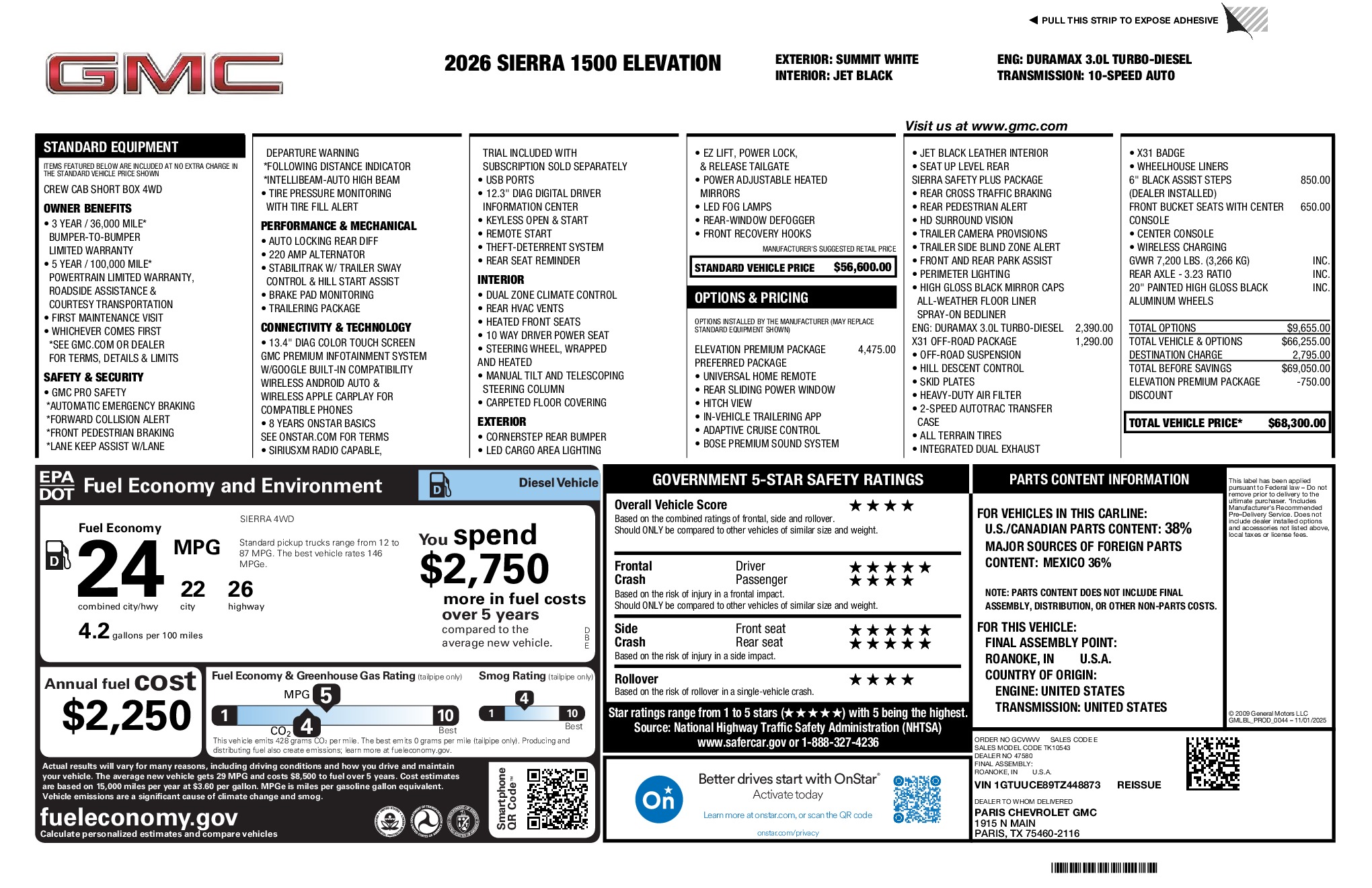 2026 GMC Sierra 1500 Elevation window sticker
