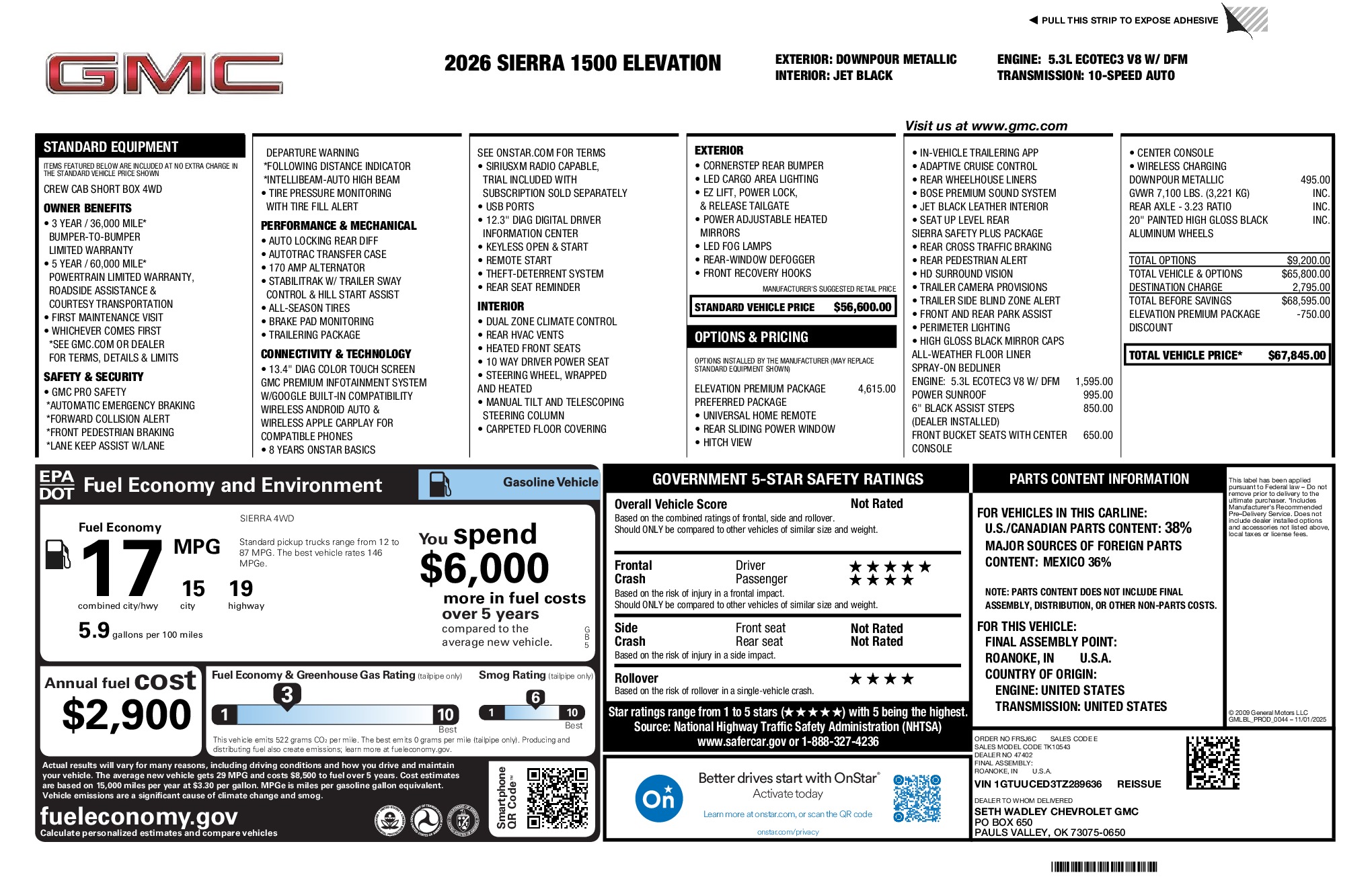 2026 GMC Sierra 1500 Elevation window sticker