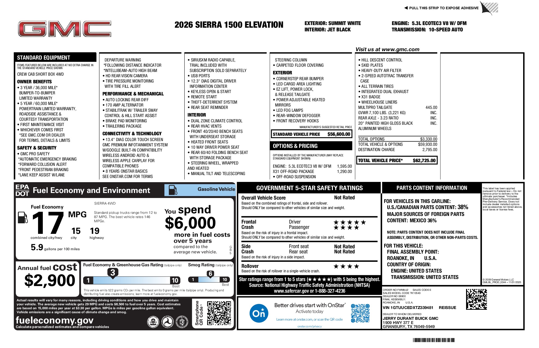 2026 GMC Sierra 1500 Elevation window sticker