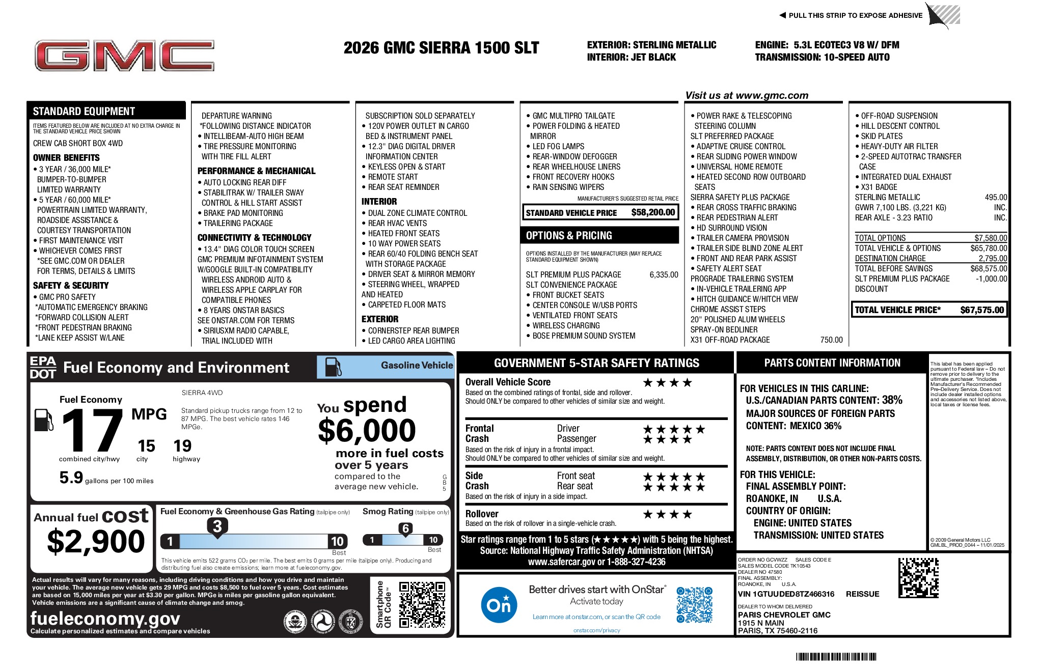 2026 GMC Sierra 1500 SLT window sticker