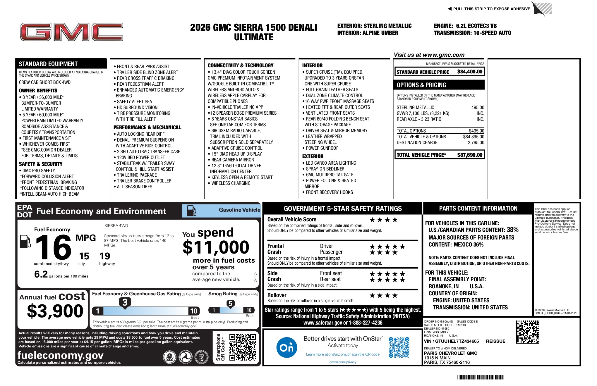 2026 GMC Sierra 1500 Denali Ultimate window sticker