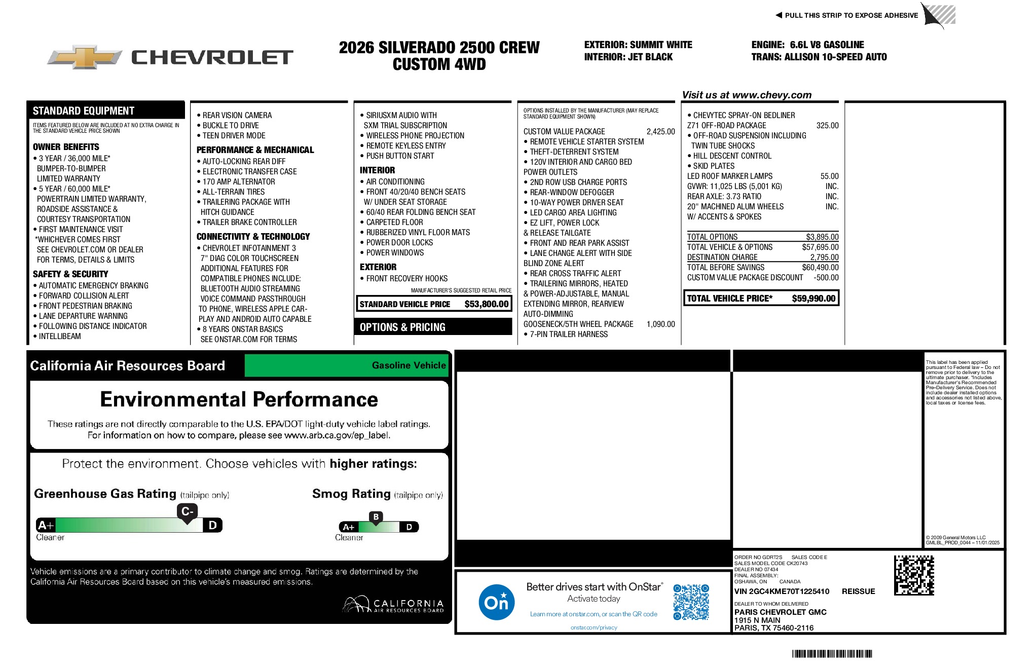 2026 Chevrolet Silverado 2500HD Custom window sticker