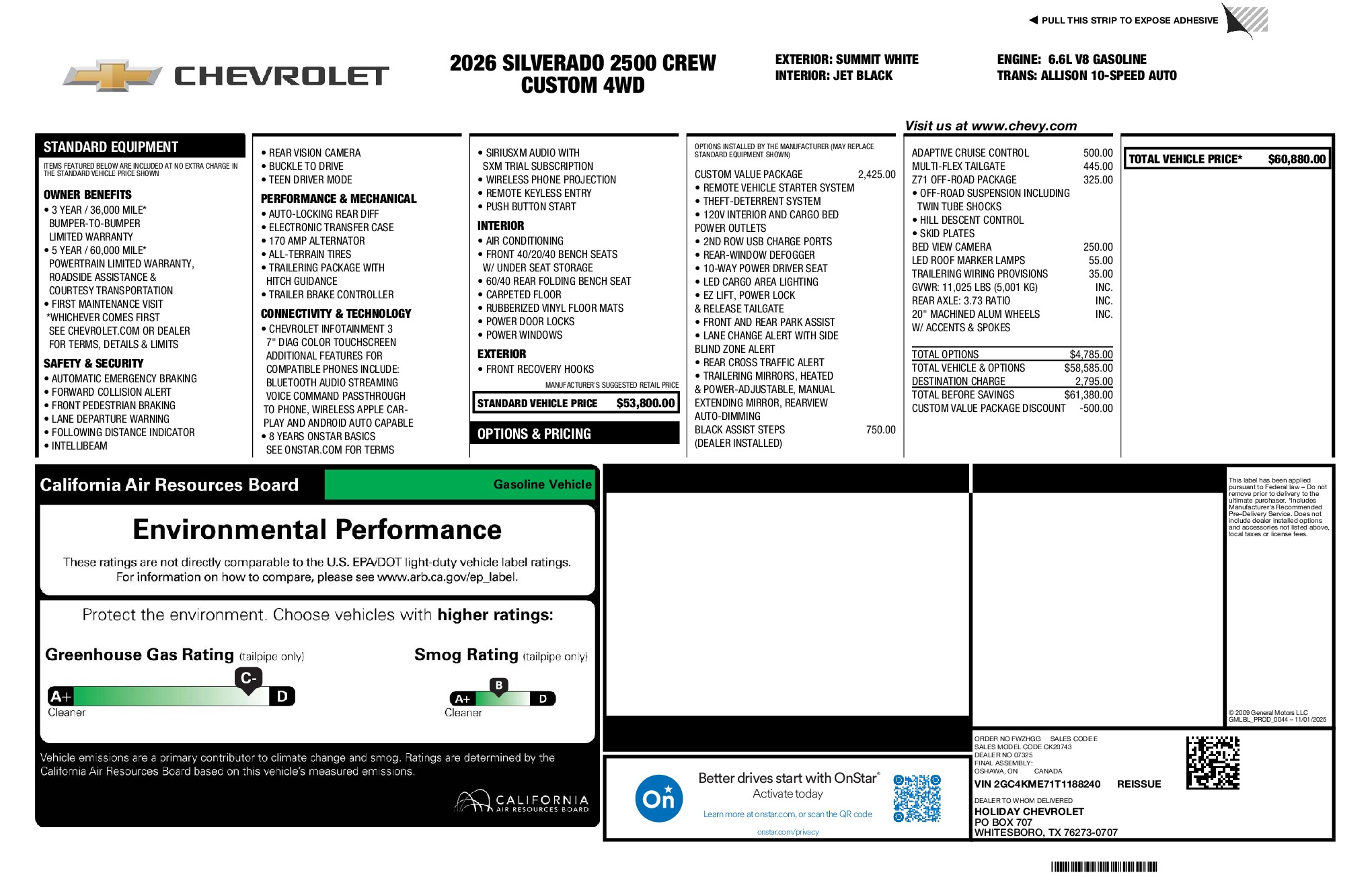 2026 Chevrolet Silverado 2500HD Custom window sticker