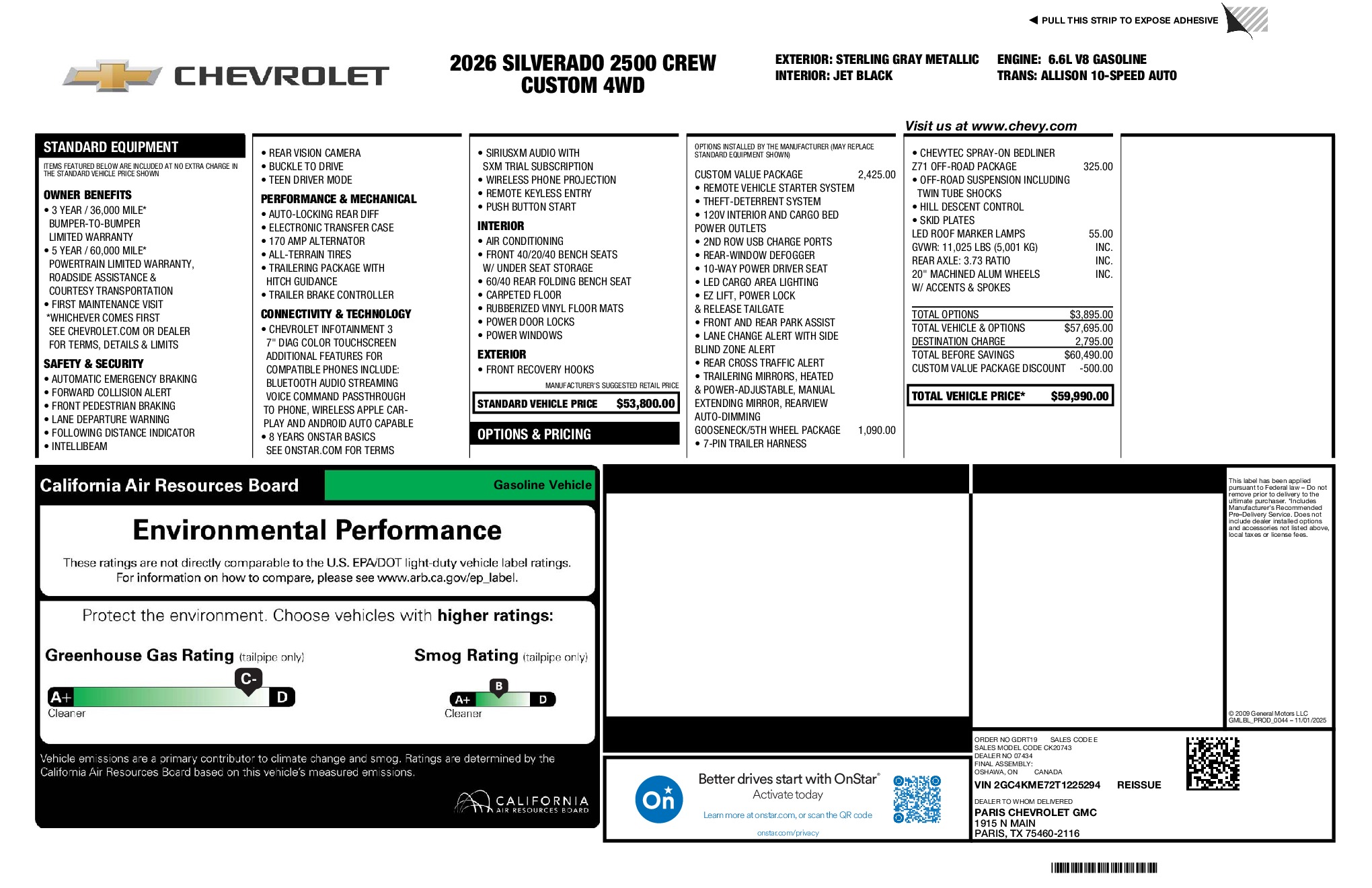 2026 Chevrolet Silverado 2500HD Custom window sticker