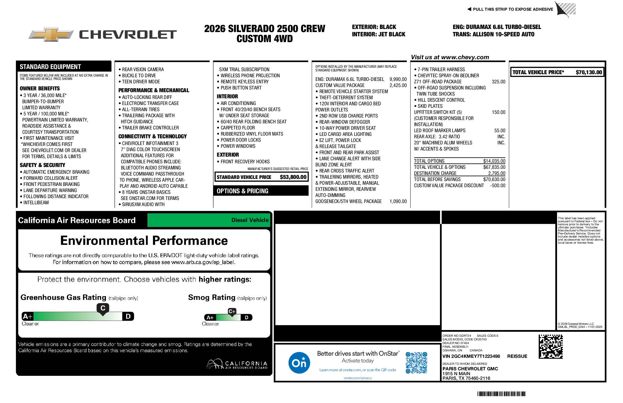 2026 Chevrolet Silverado 2500HD Custom window sticker