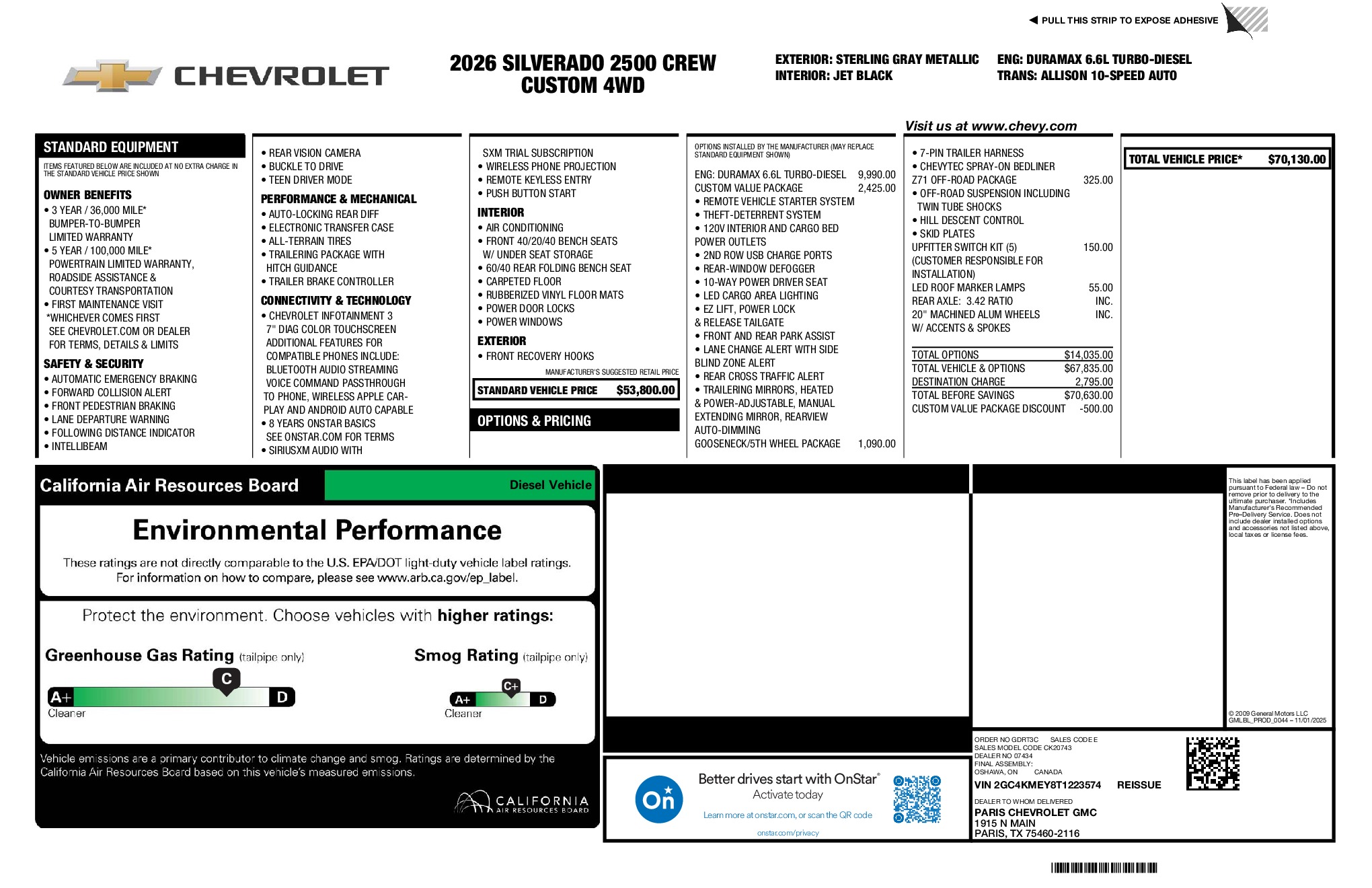 2026 Chevrolet Silverado 2500HD Custom window sticker
