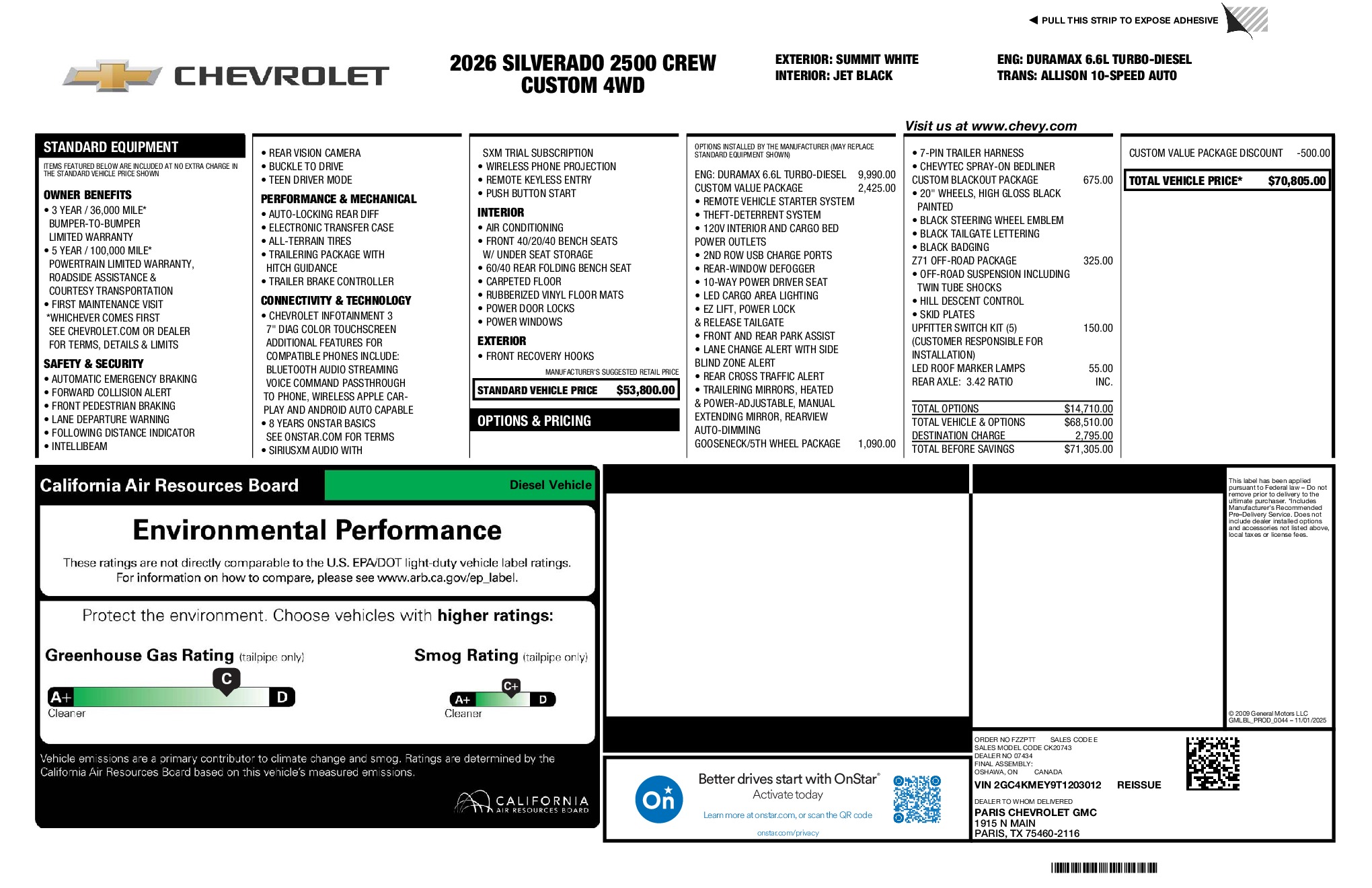 2026 Chevrolet Silverado 2500HD Custom window sticker