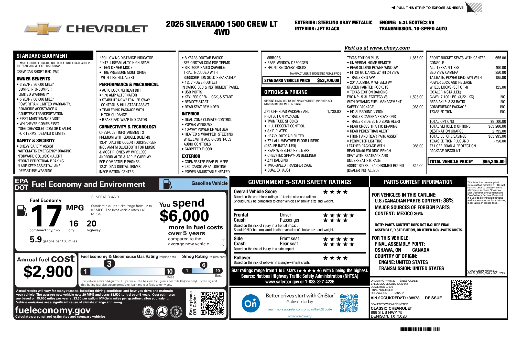 2026 Chevrolet Silverado 1500 LT window sticker