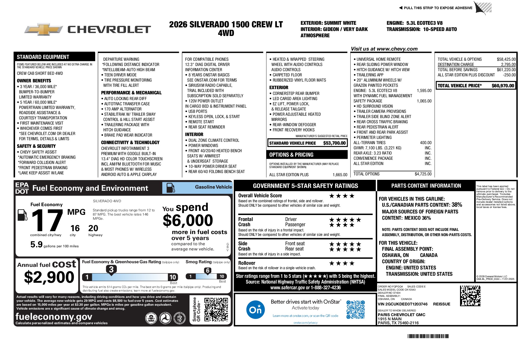 2026 Chevrolet Silverado 1500 LT window sticker