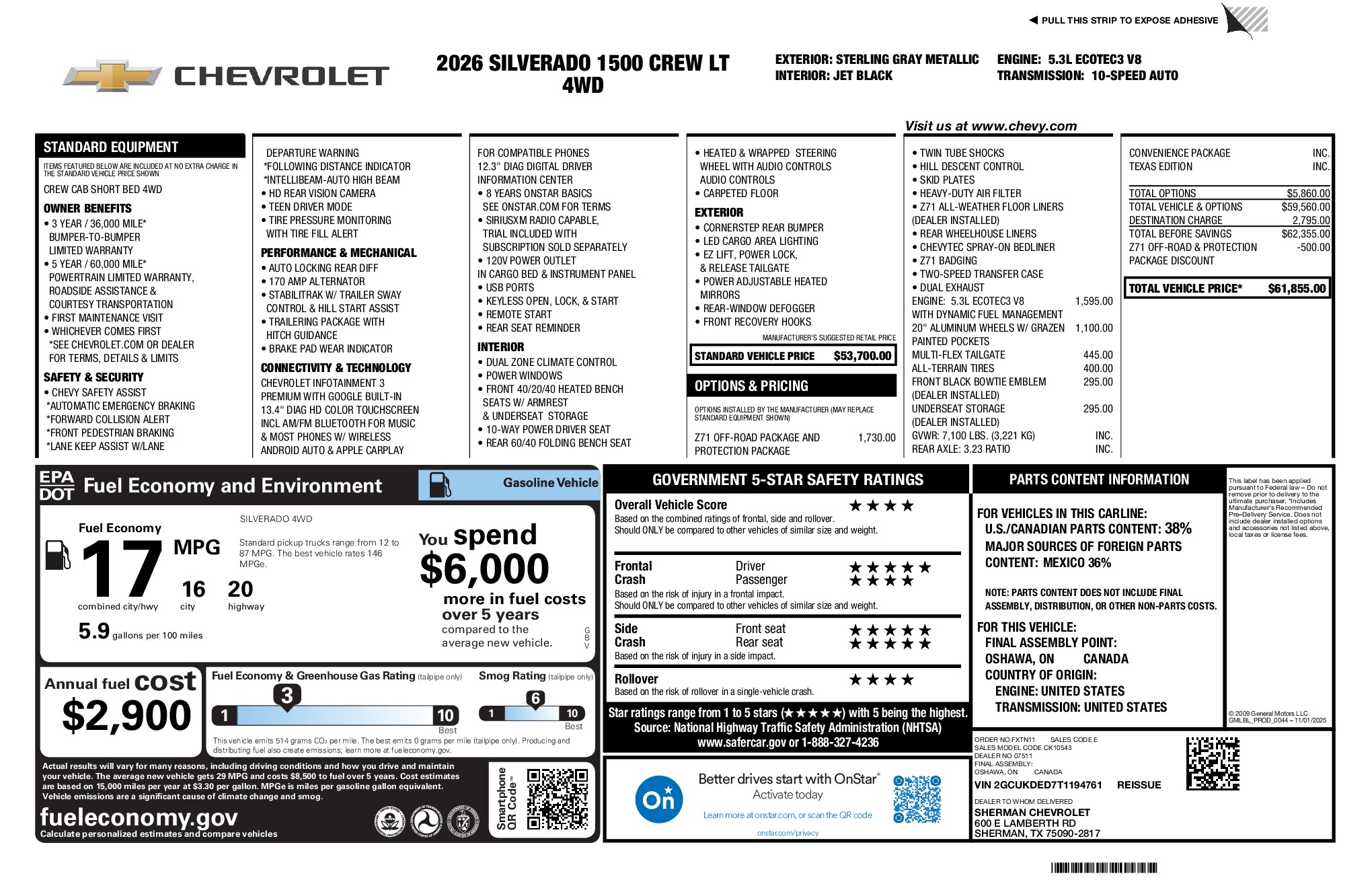 2026 Chevrolet Silverado 1500 LT window sticker
