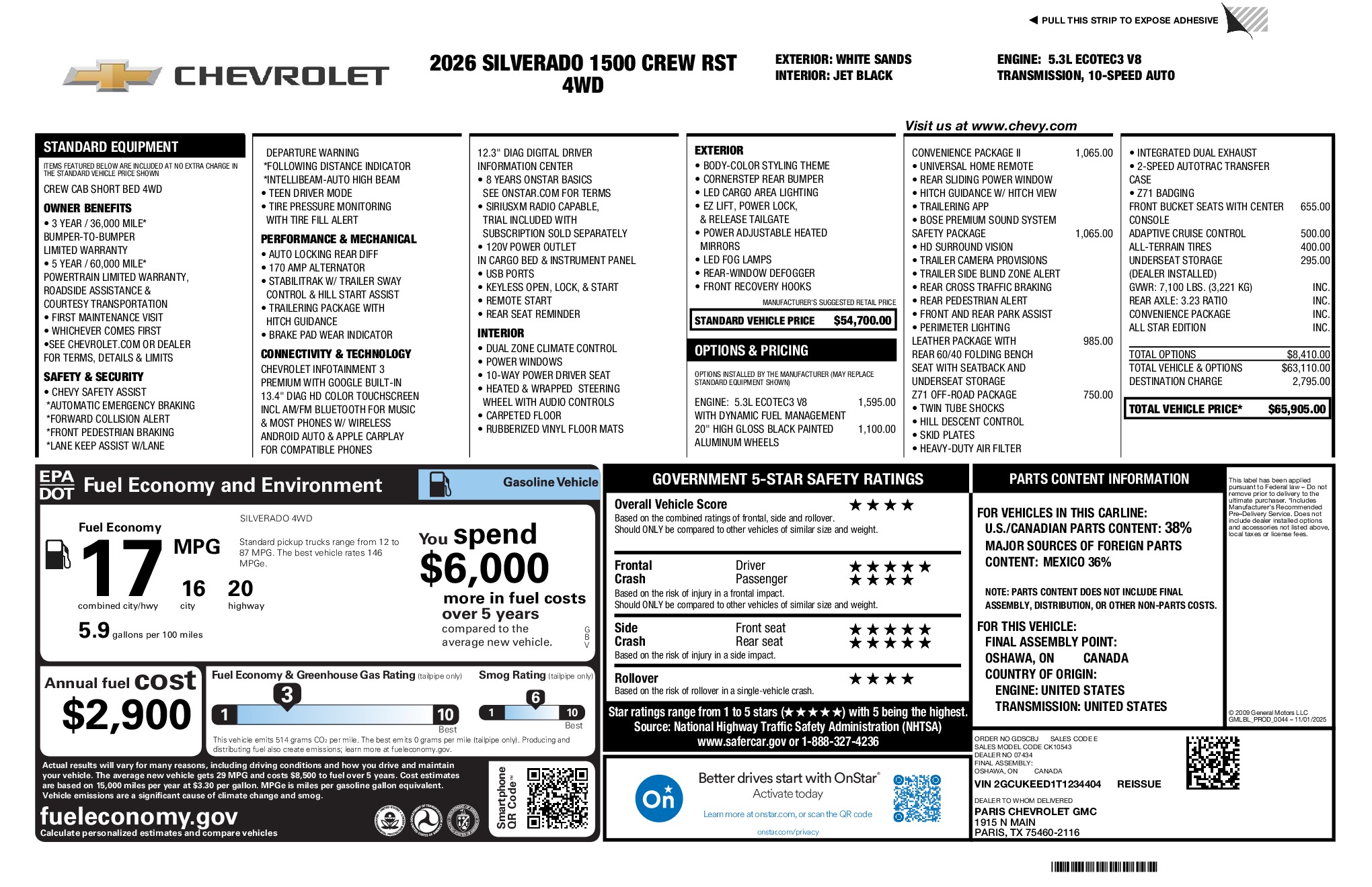2026 Chevrolet Silverado 1500 RST window sticker
