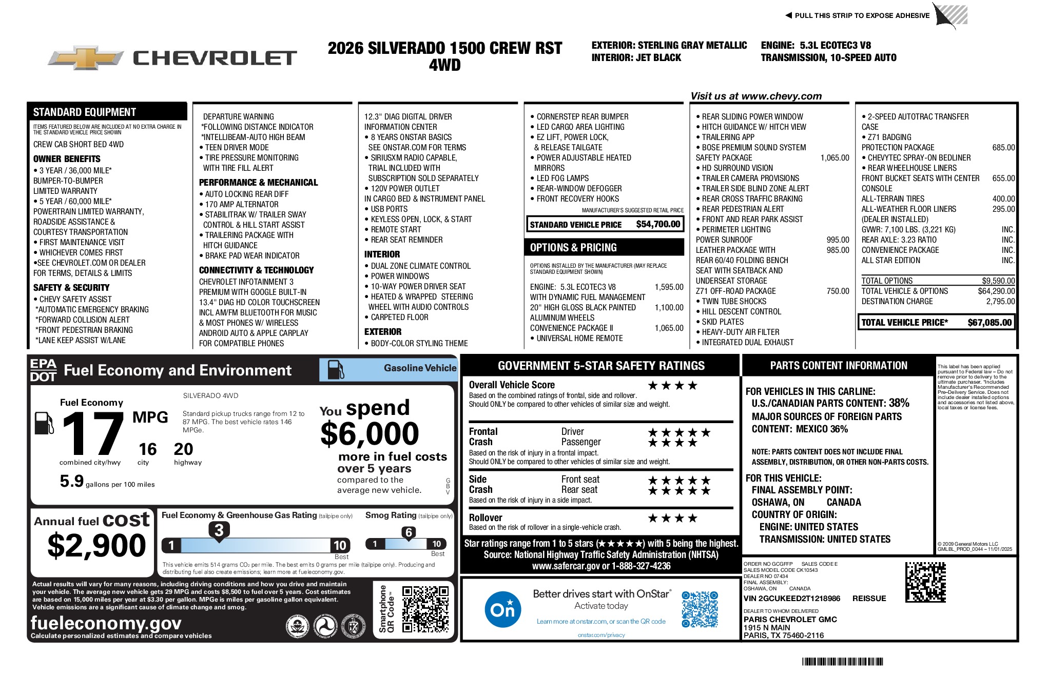 2026 Chevrolet Silverado 1500 RST window sticker