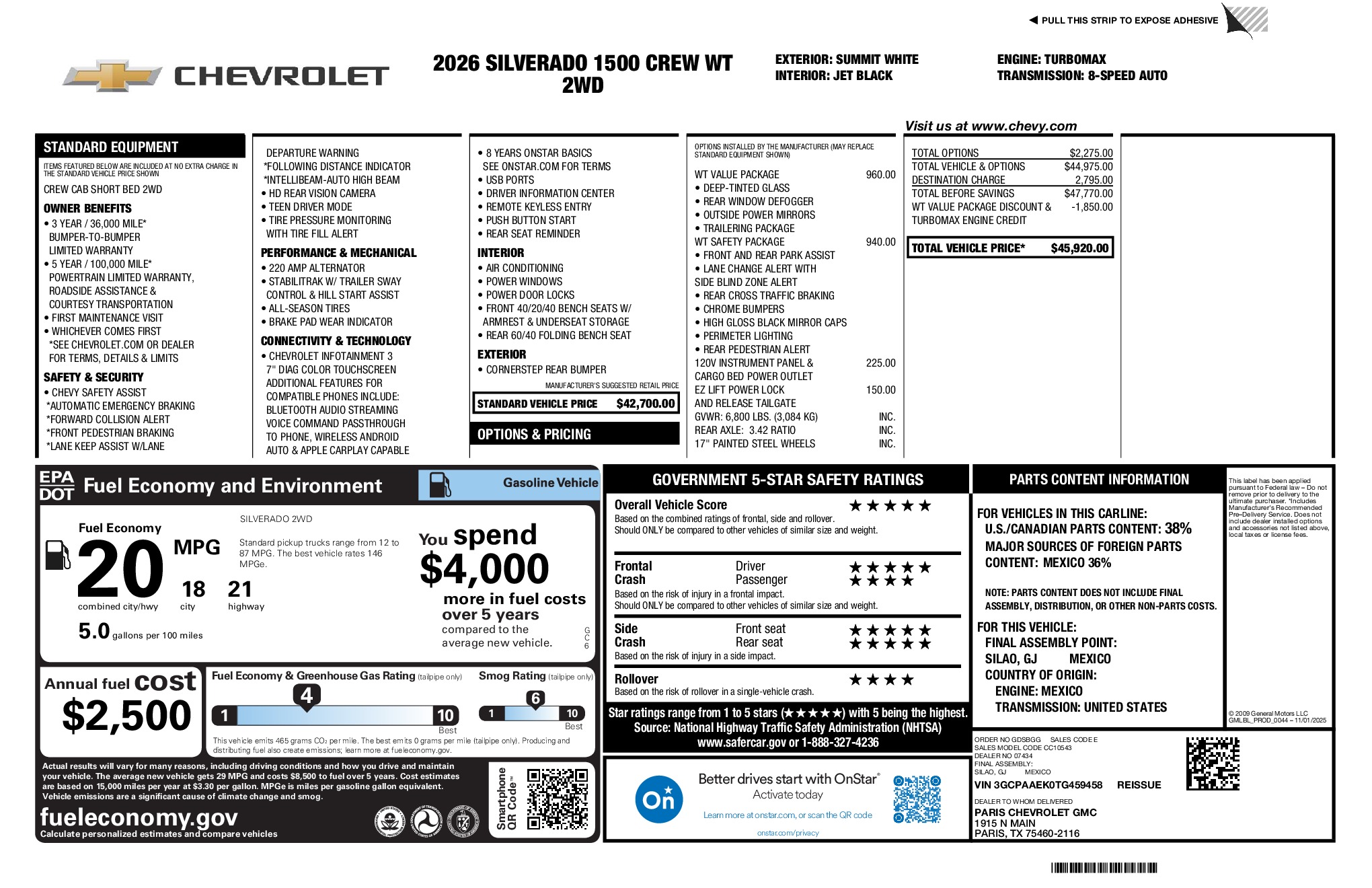 2026 Chevrolet Silverado 1500 WT window sticker
